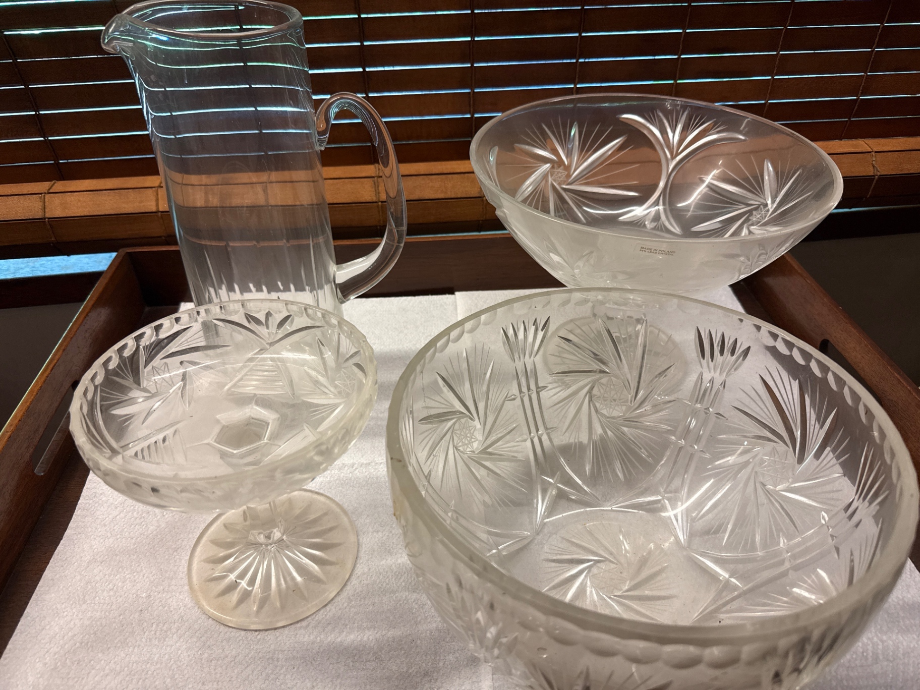 Clear cut-glass pitcher and etched bowls - image 1 of 3