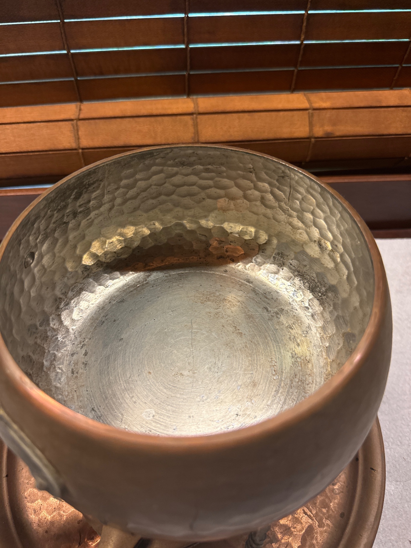 Hammered copper kettle with lid on vintage warming stand - image 3 of 5