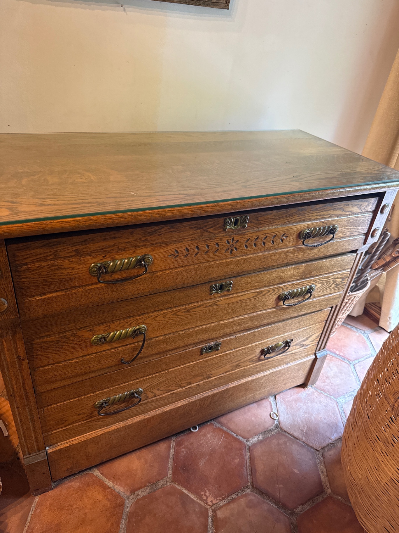 Vintage oak dresser with glass top - image 1 of 4