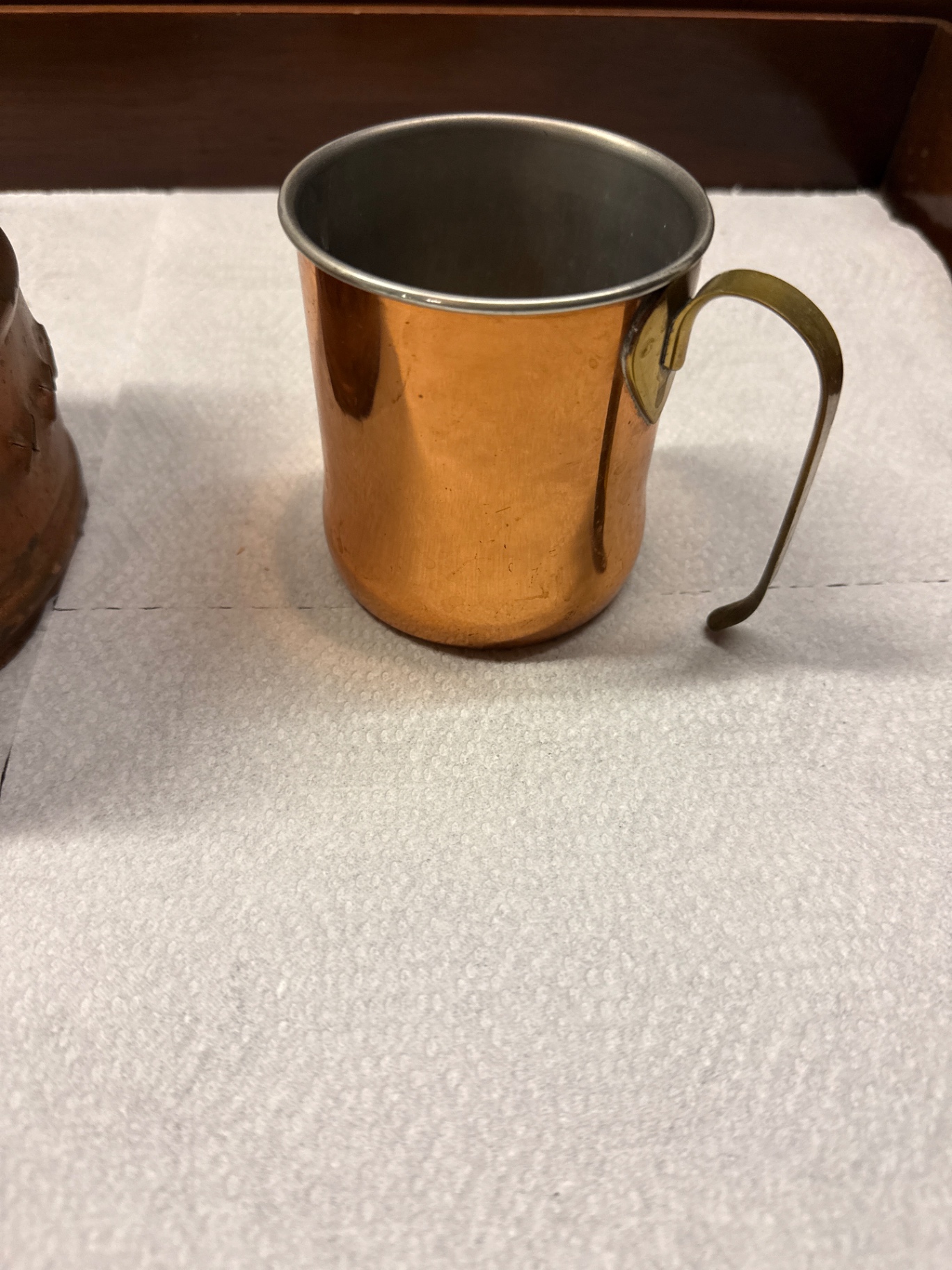 Group of vintage copper kitchenware: pot with wooden handle, mug, and perforated insert - image 3 of 5