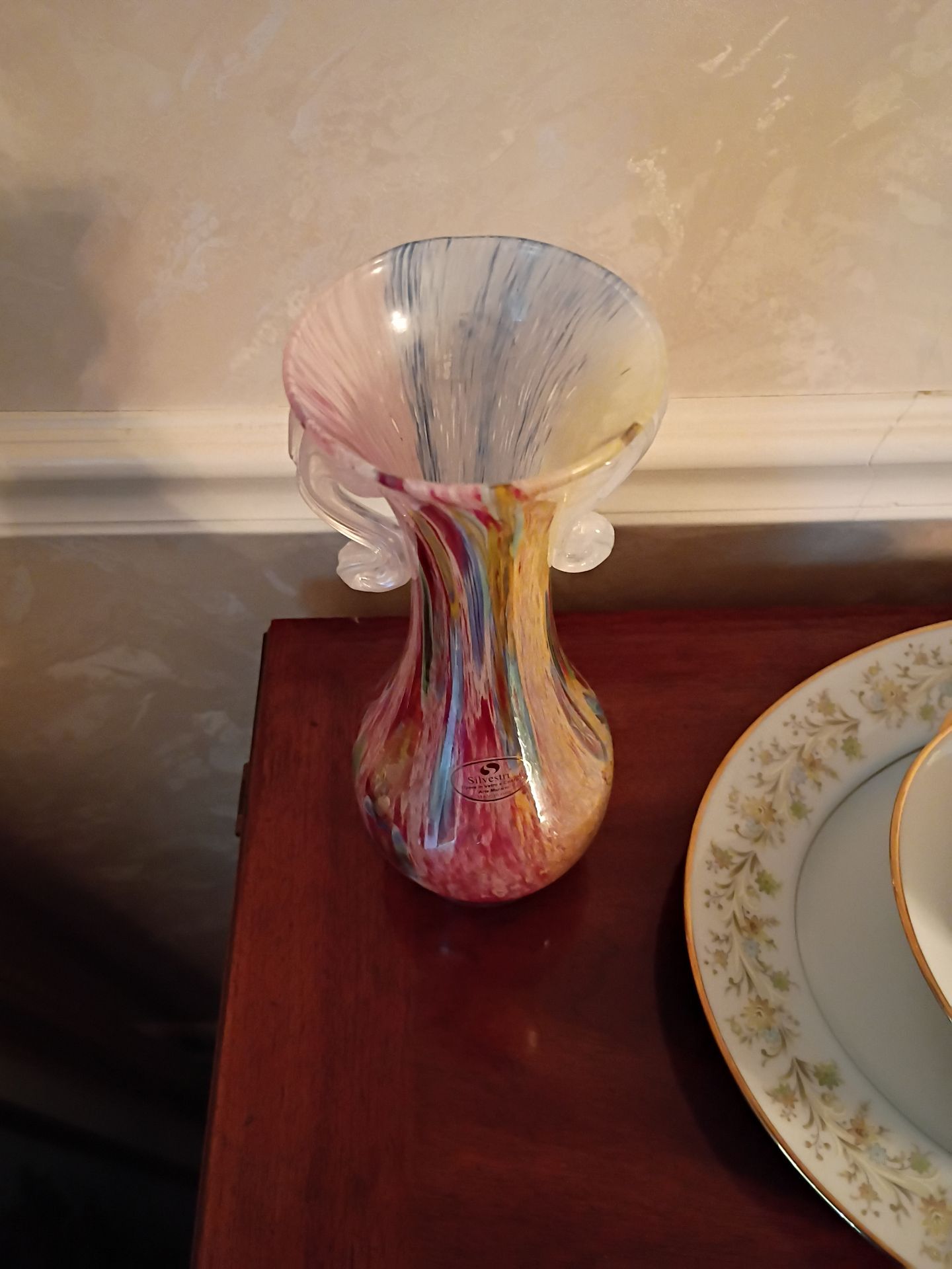 Multicolor Art Glass Vase with Decorative Handles - image 2 of 4