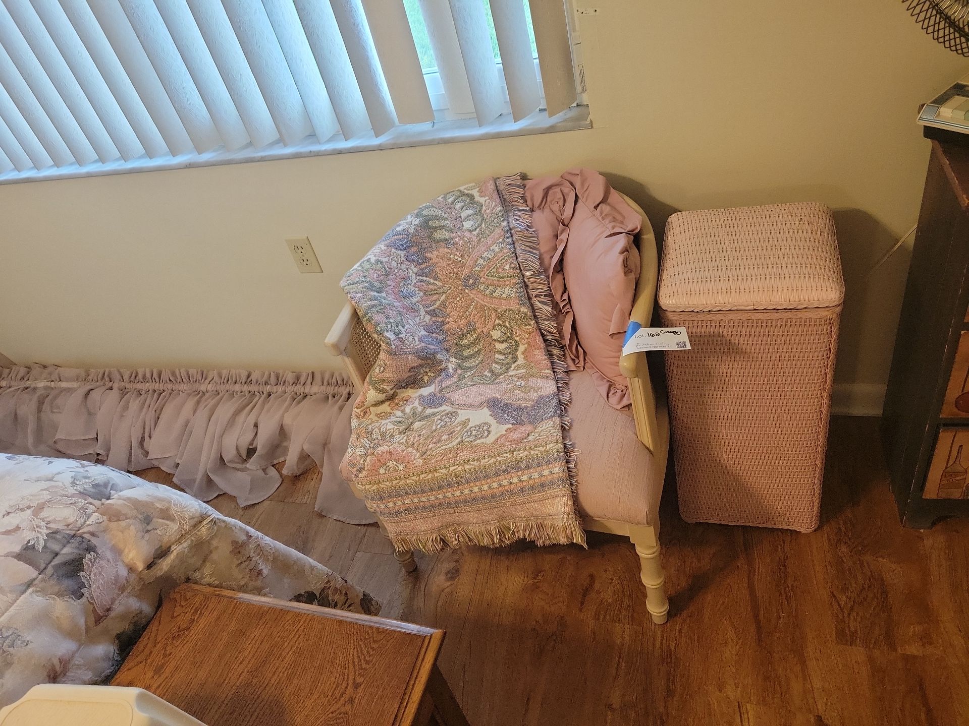 Upholstered Bench, Wicker Hamper, Throw Blanket, and Curtain Valance - image 1 of 5