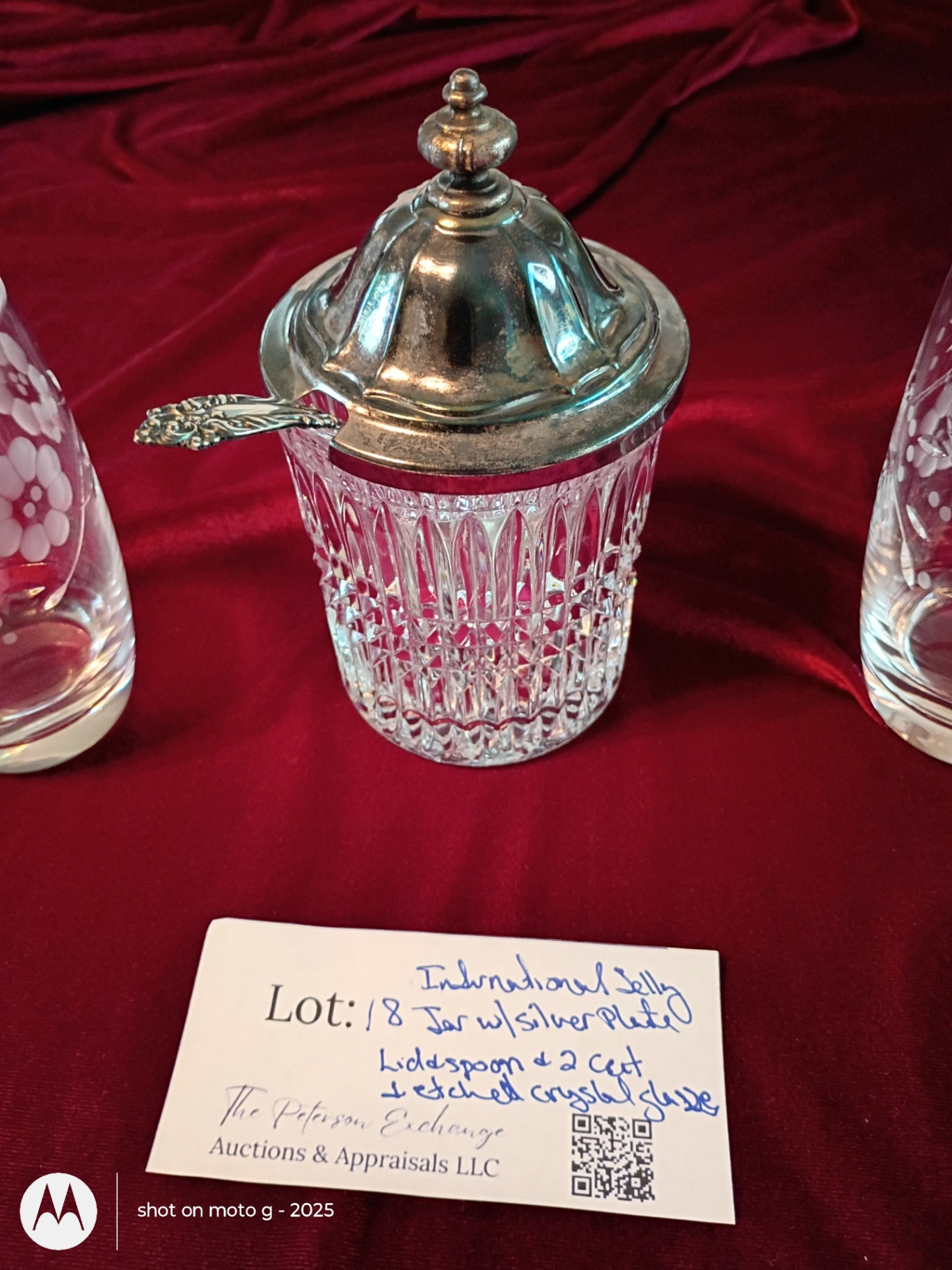 Crystal Jar with Silver-Plated Lid, Spoon, and Two Etched Crystal Glasses - image 1 of 4