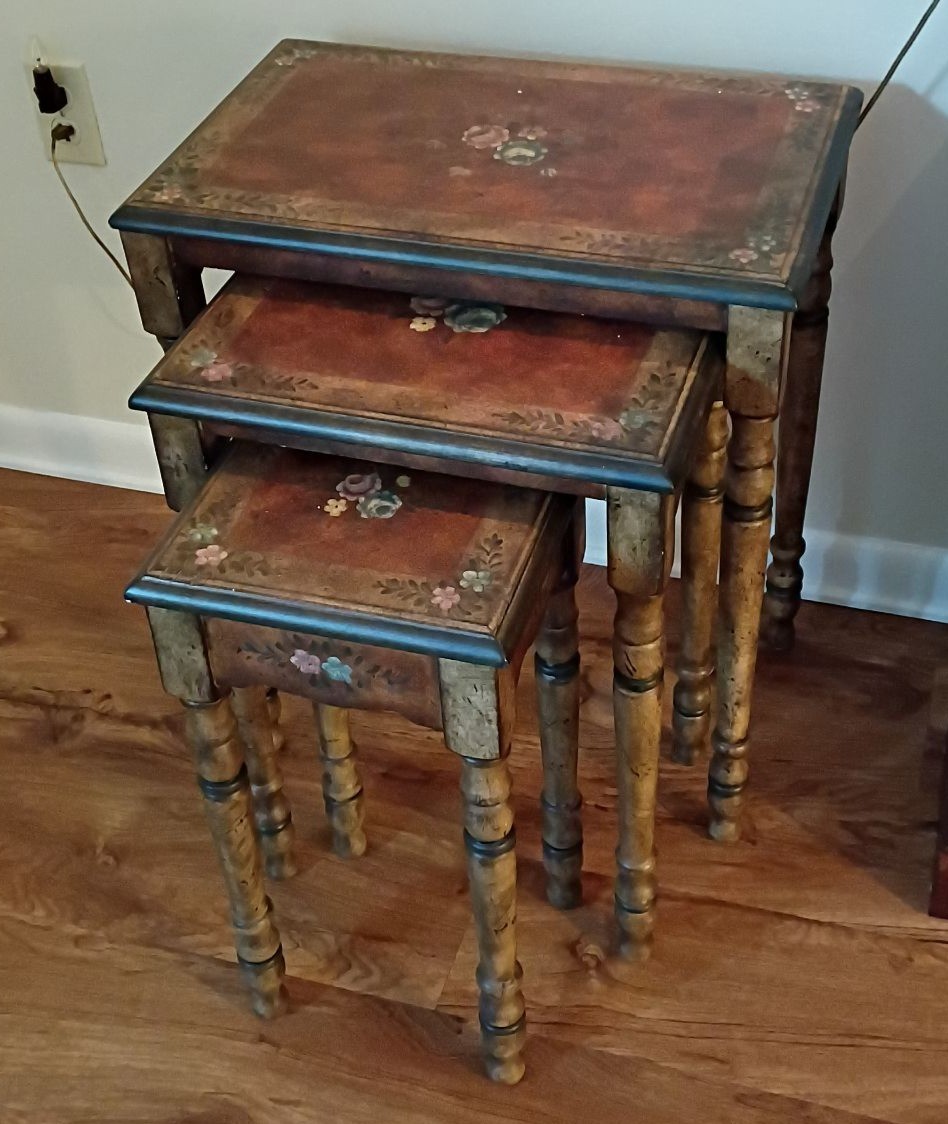 Set of Three Floral Painted Nesting Tables - image 1 of 6