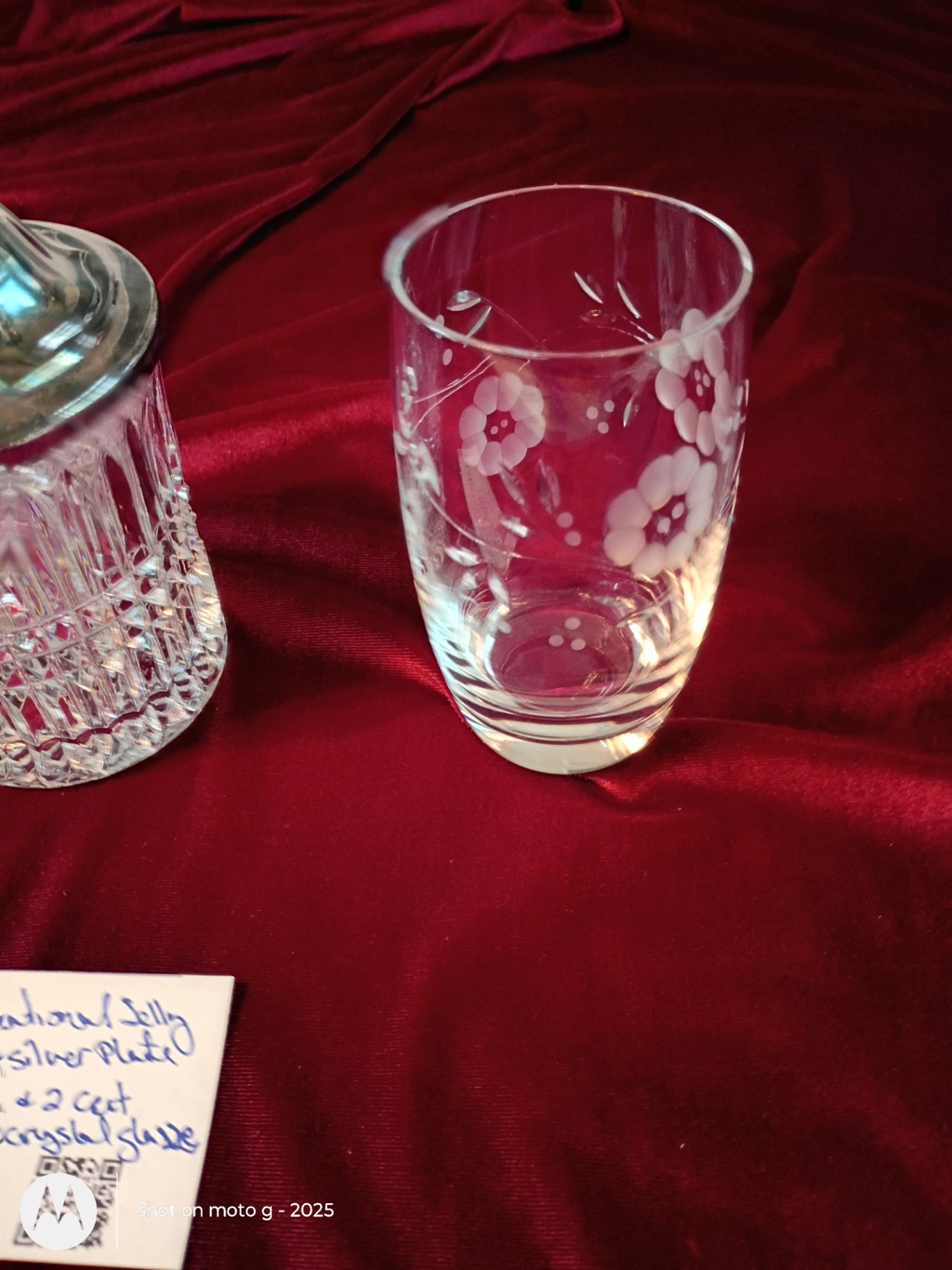Crystal Jar with Silver-Plated Lid, Spoon, and Two Etched Crystal Glasses - image 3 of 4