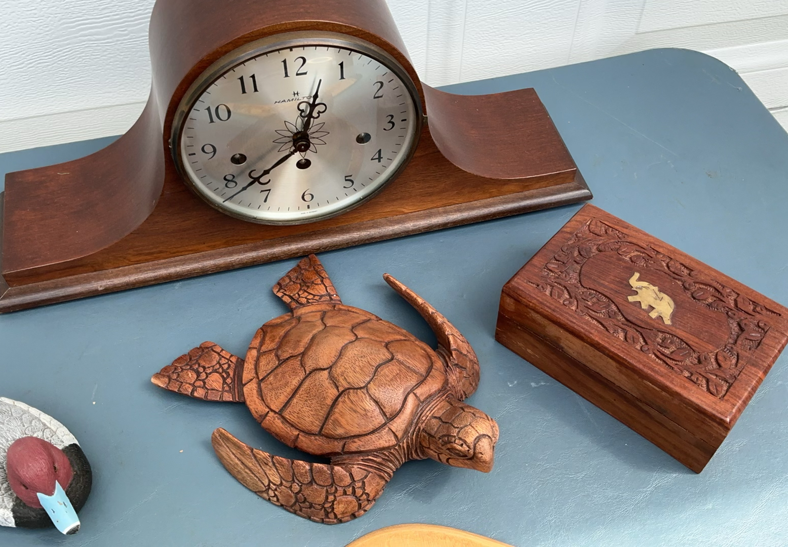 Antique mantel clock with carved turtle figurine, jewelry box, and curved decorative panel - image 2 of 6