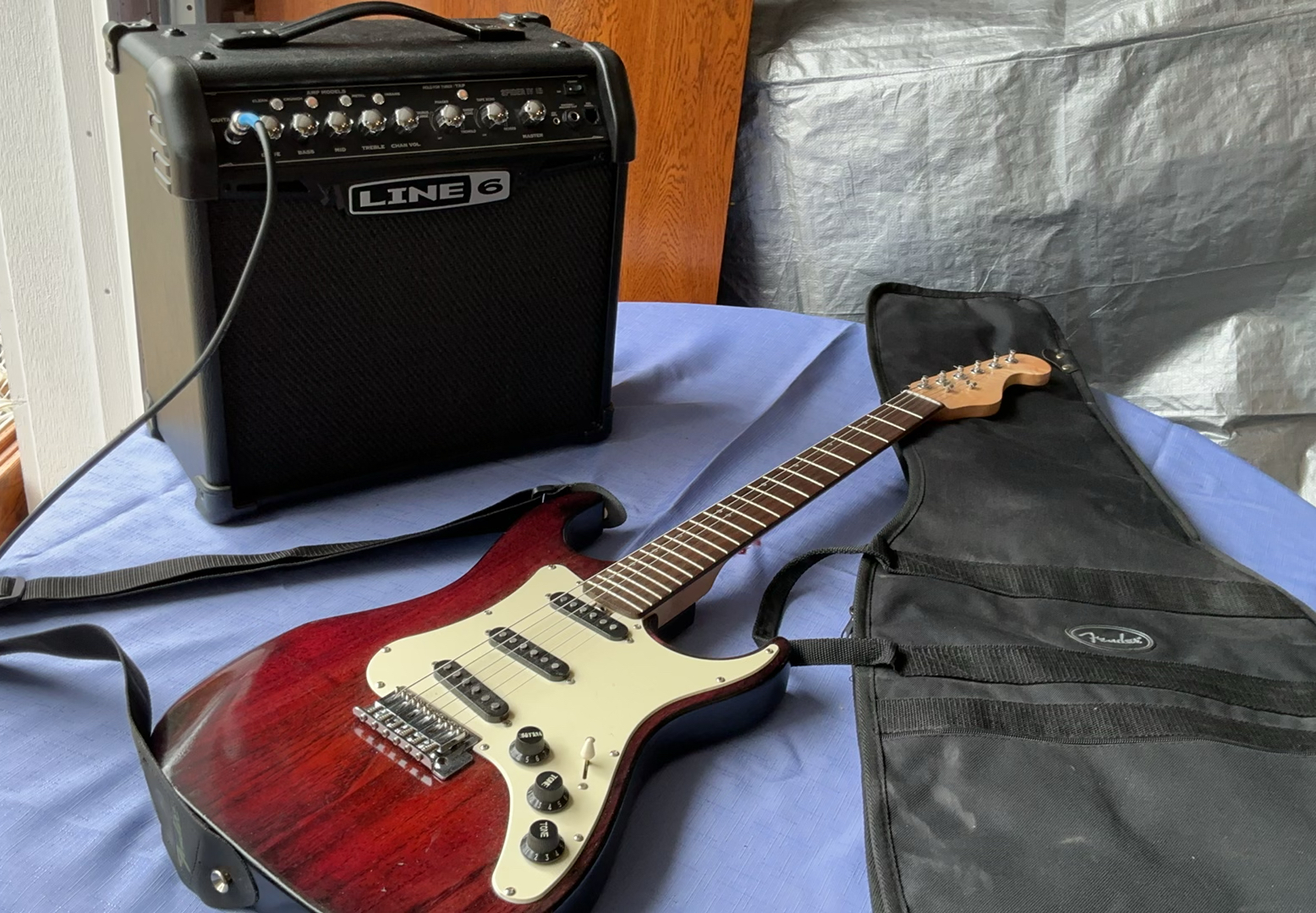 Red electric guitar with Line 6 Spider IV 15 amplifier - image 2 of 11