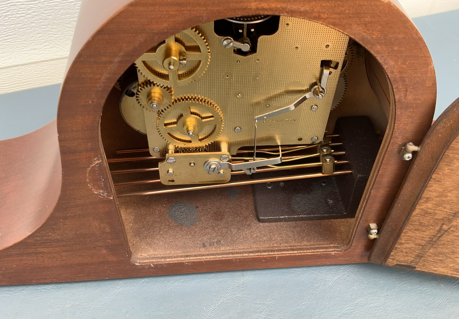Antique mantel clock with carved turtle figurine, jewelry box, and curved decorative panel - image 6 of 6
