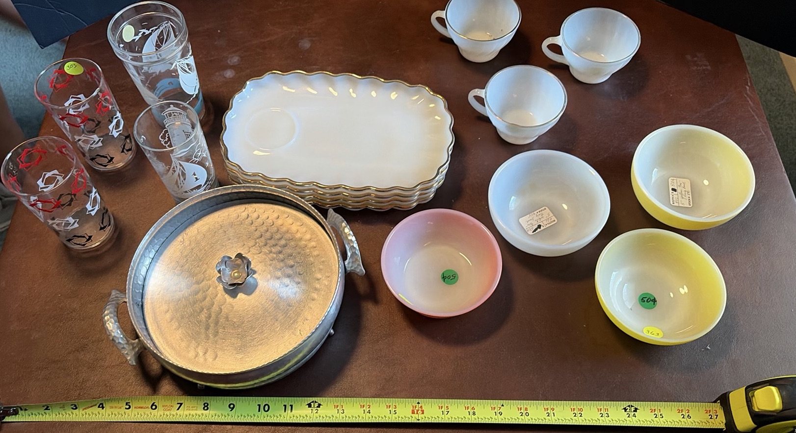Assorted Vintage Glassware, Serving Trays, Bowls, Cups, and Metal Serving Dish - image 1 of 8