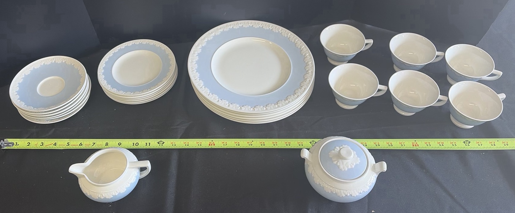 Blue and White Dinnerware Set with Plates, Cups, Teapot, and Creamer - image 1 of 12