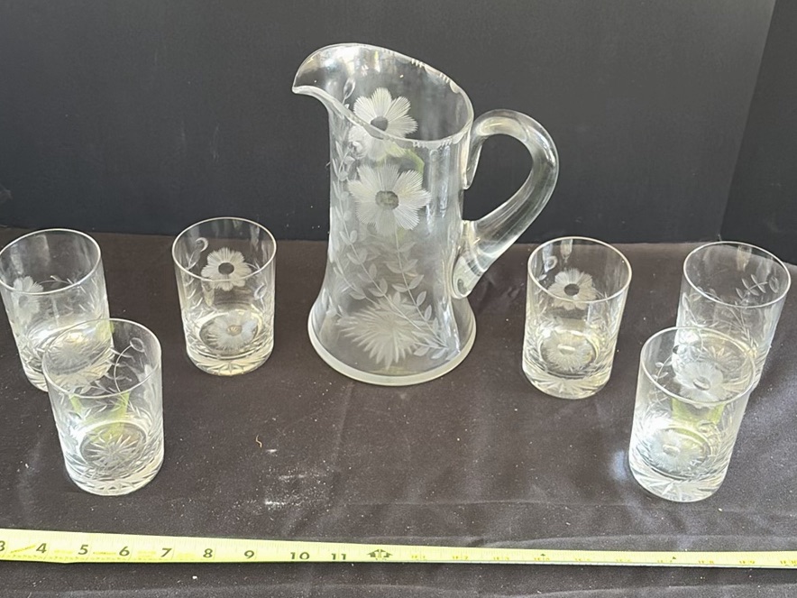 Etched Glass Pitcher and Six Tumblers - image 1 of 4