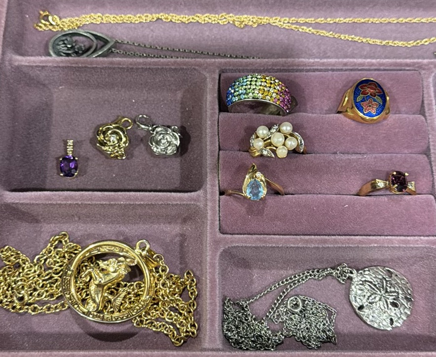 Pink Jewelry Box with Assorted Rings, Necklaces, Earrings, and Pendants - image 3 of 5