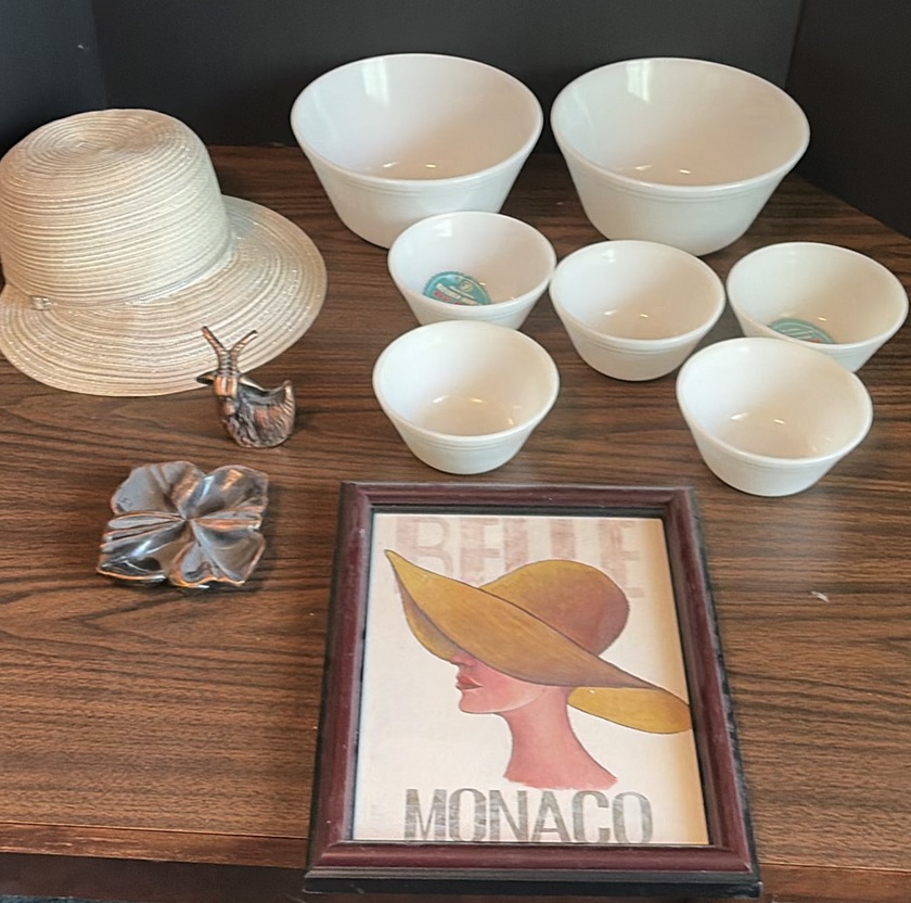White Mixing Bowls, Framed Monaco Print, Hat, and Decorative Metal Pieces - image 1 of 7