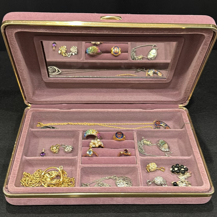 Pink Jewelry Box with Assorted Rings, Necklaces, Earrings, and Pendants - image 1 of 5
