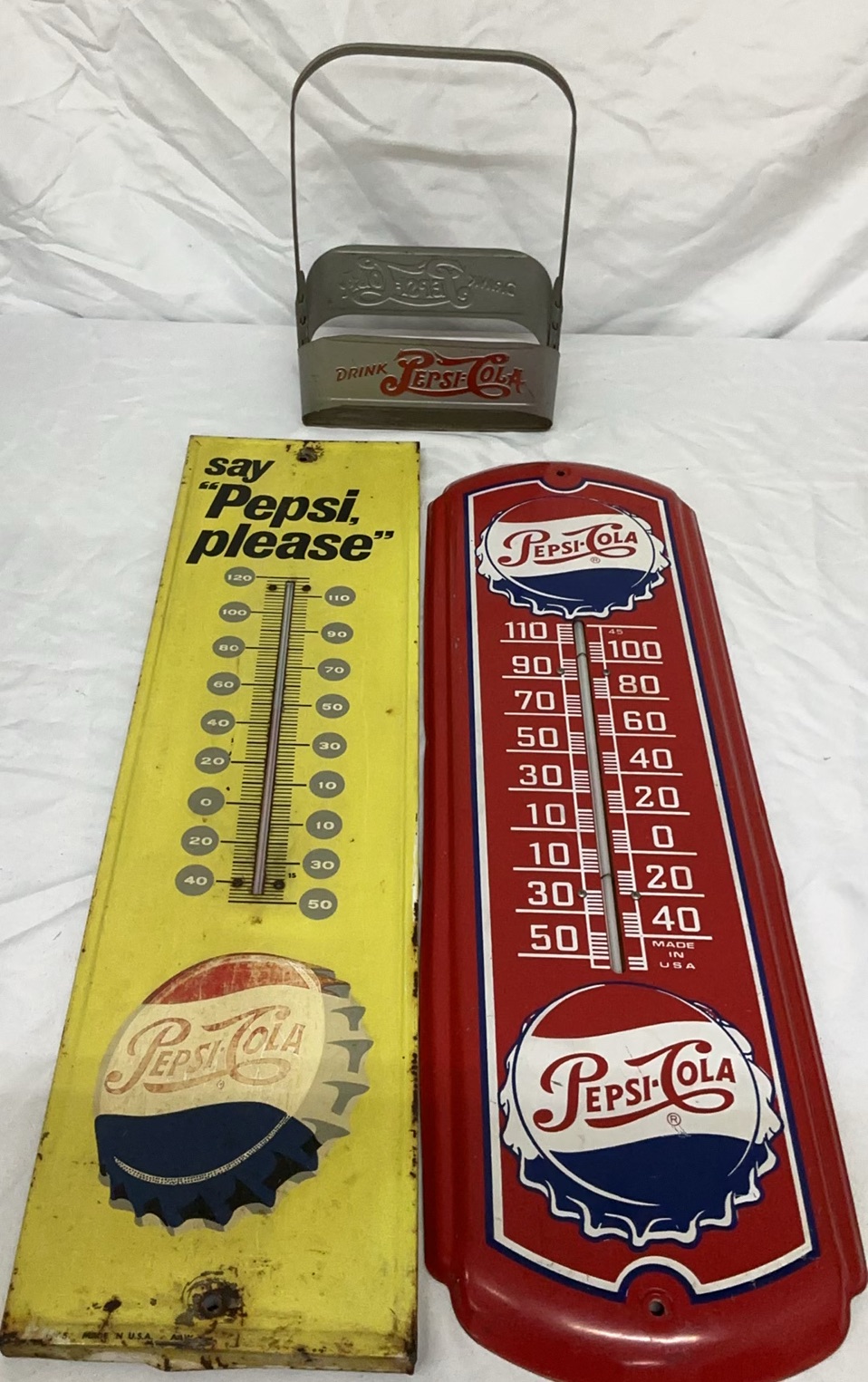 Vintage Metal Pepsi Thermometers And Bottle Carrier - image 1 of 10
