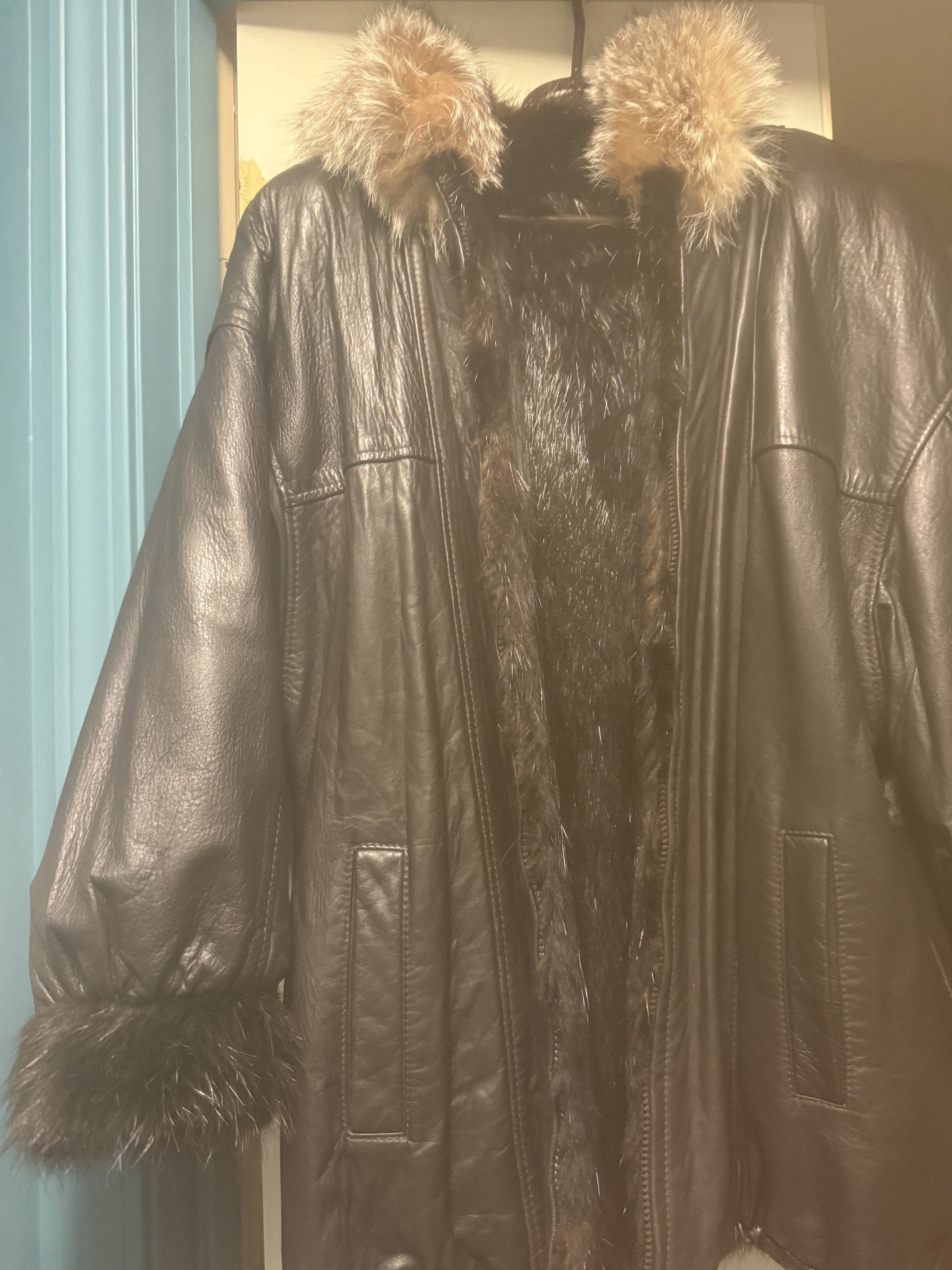 Black leather and fur coat with tan fur trim - image 8 of 10