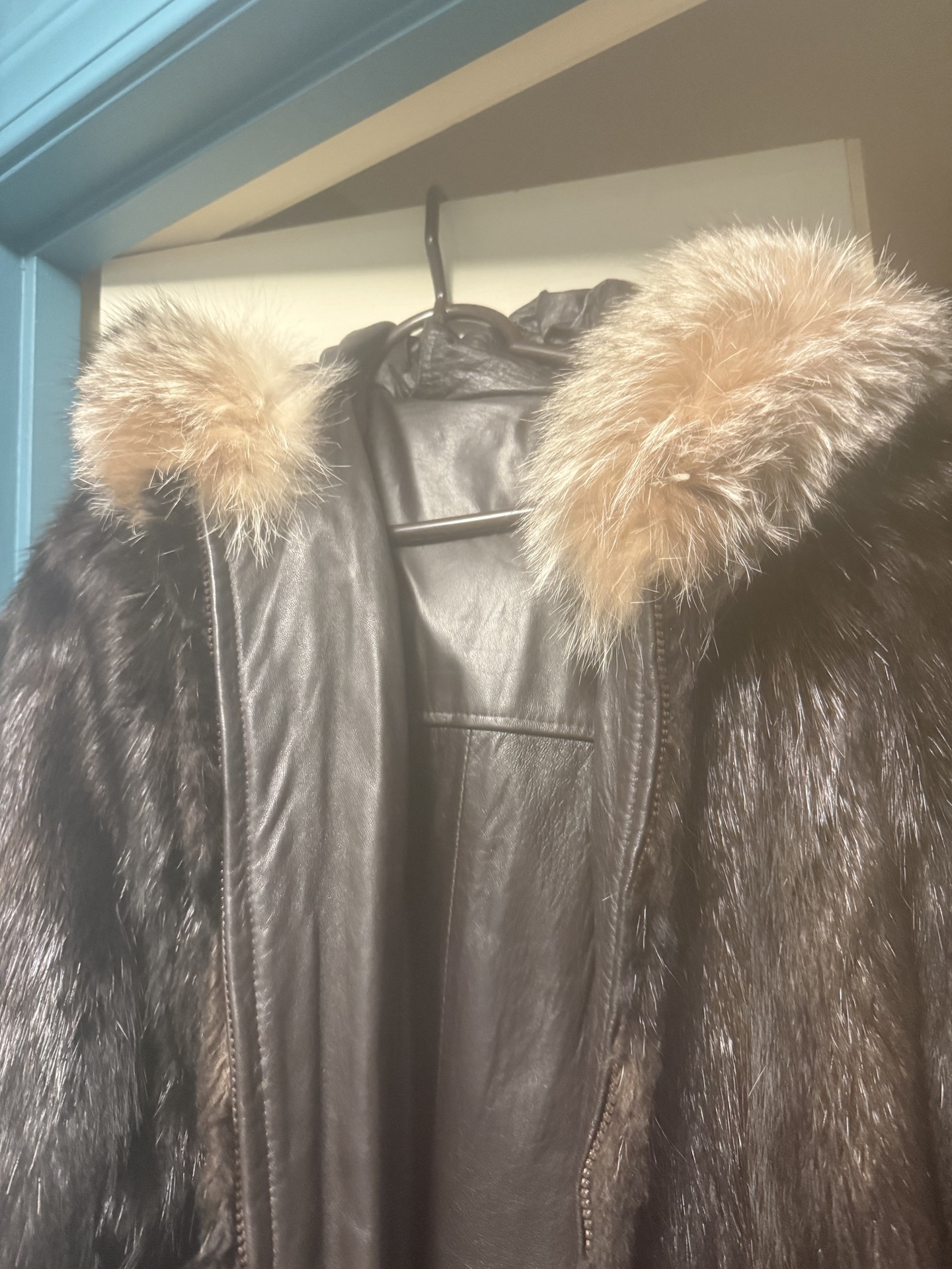 Black leather and fur coat with tan fur trim - image 2 of 10