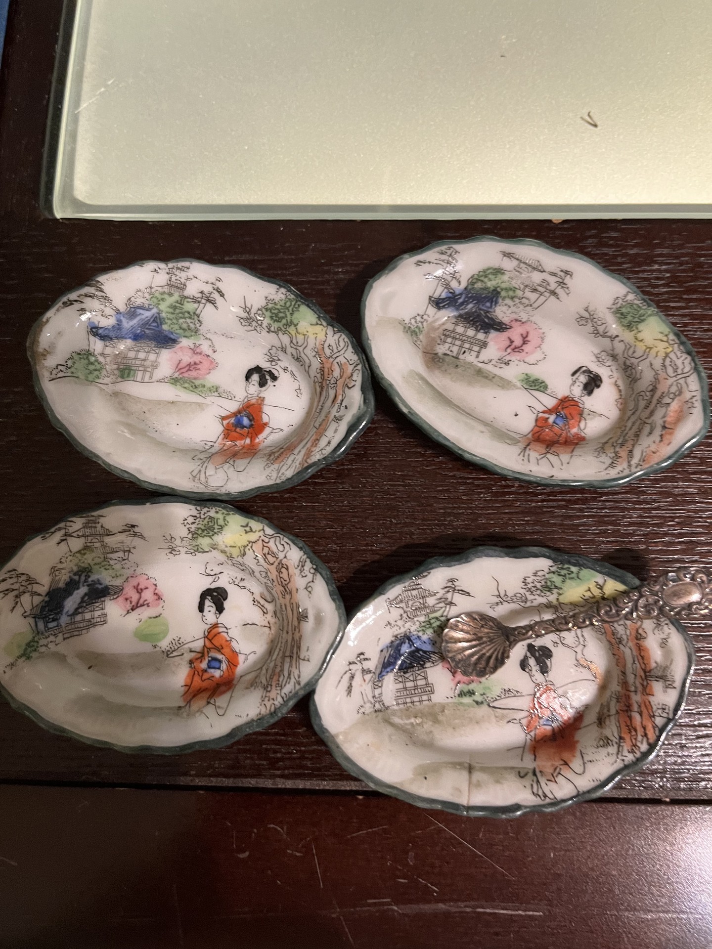 Four hand-painted Nippon porcelain salt bowls with spoon - image 1 of 2