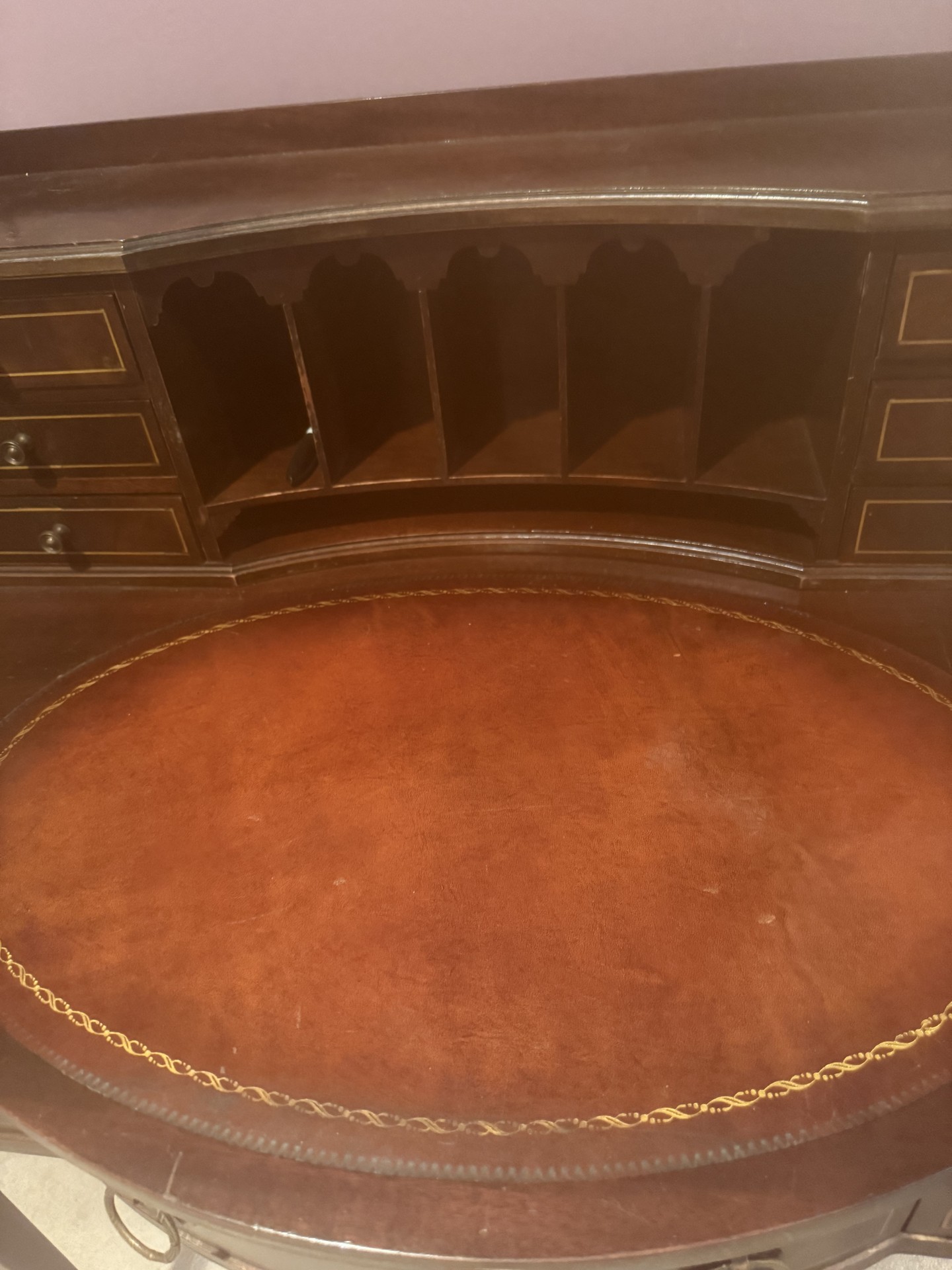 Antique mahogany desk with circular leather-inlaid top and built-in hutch - image 7 of 8