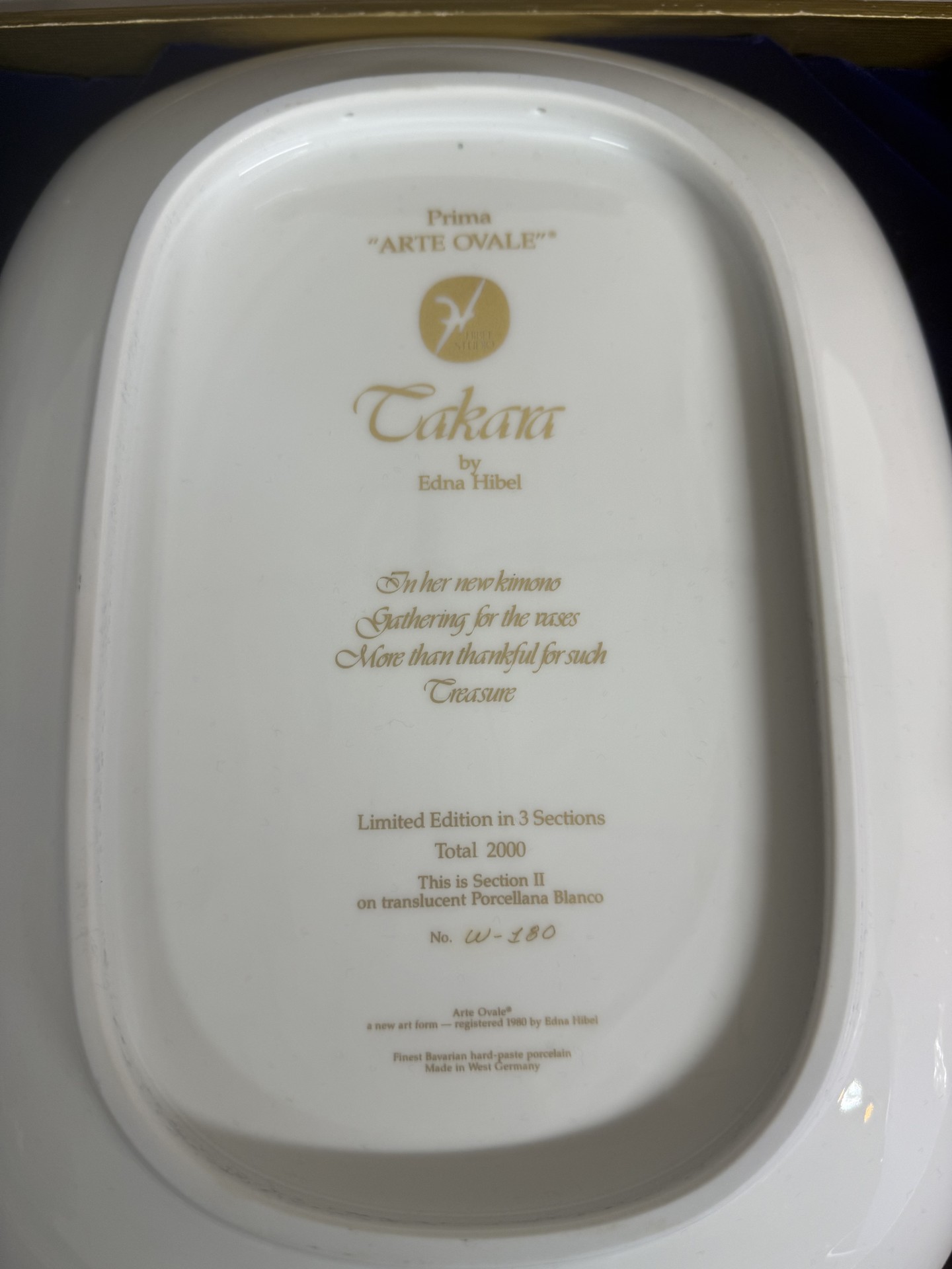 Takara Arte Ovale porcelain oval plate by Edna Hibel with certificate and box - image 2 of 7