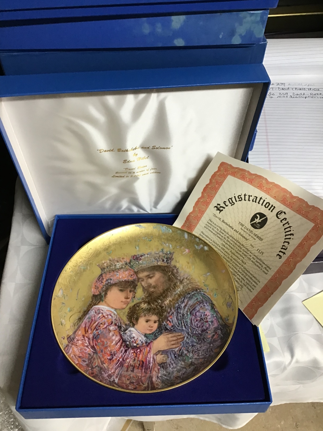 Decorative biblical scene plate in blue presentation box with registration certificate - image 1 of 2
