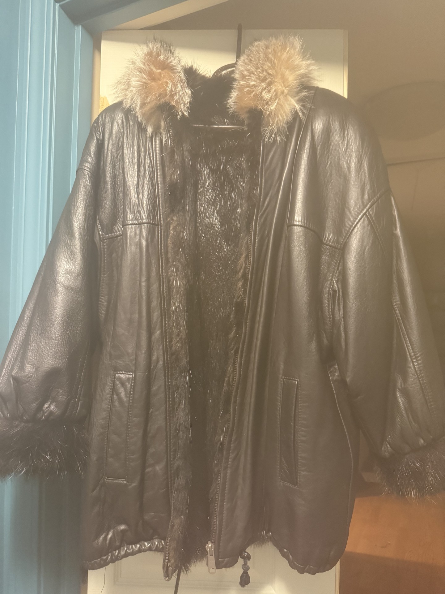 Black leather and fur coat with tan fur trim - image 6 of 10