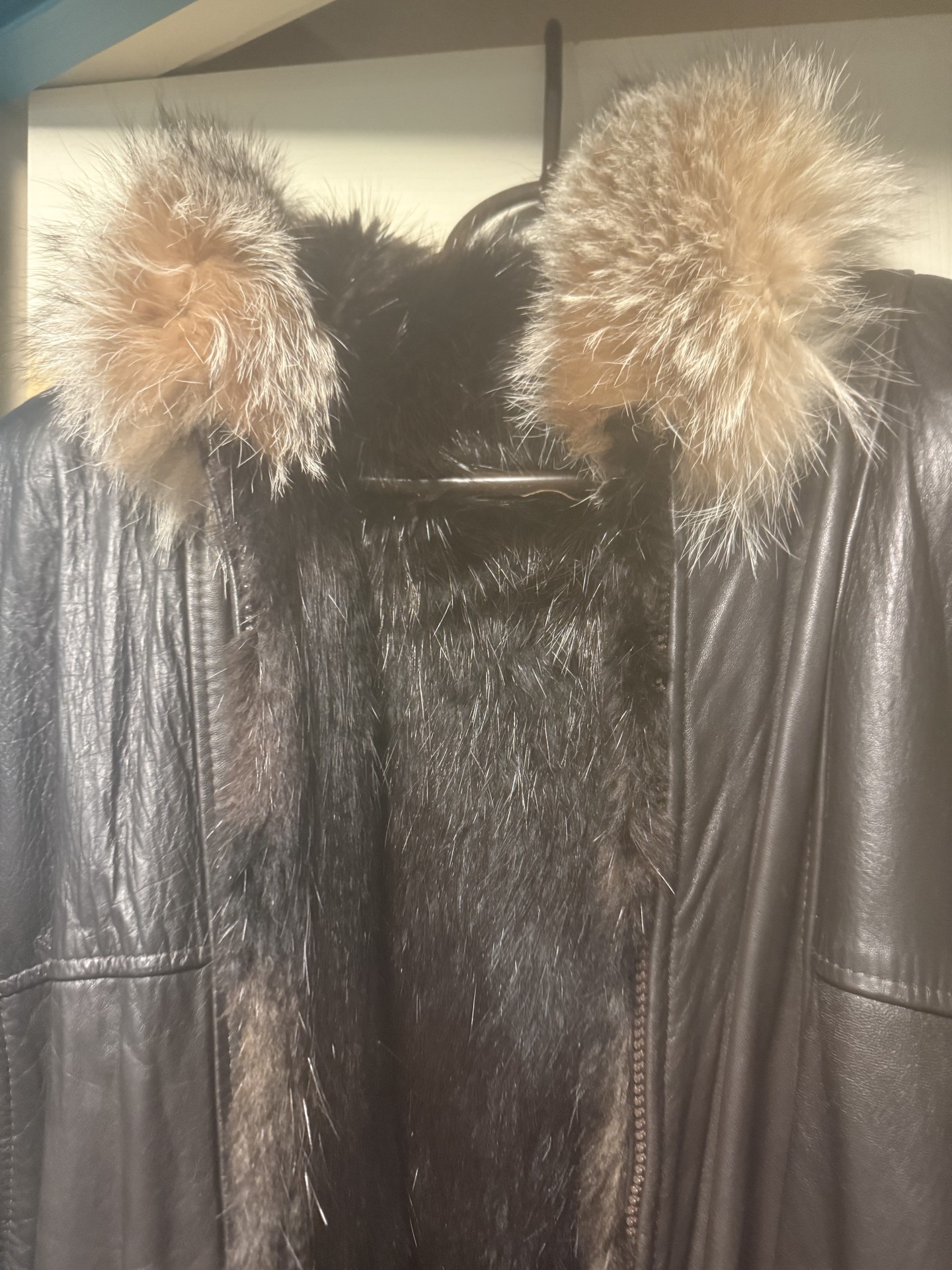 Black leather and fur coat with tan fur trim - image 9 of 10