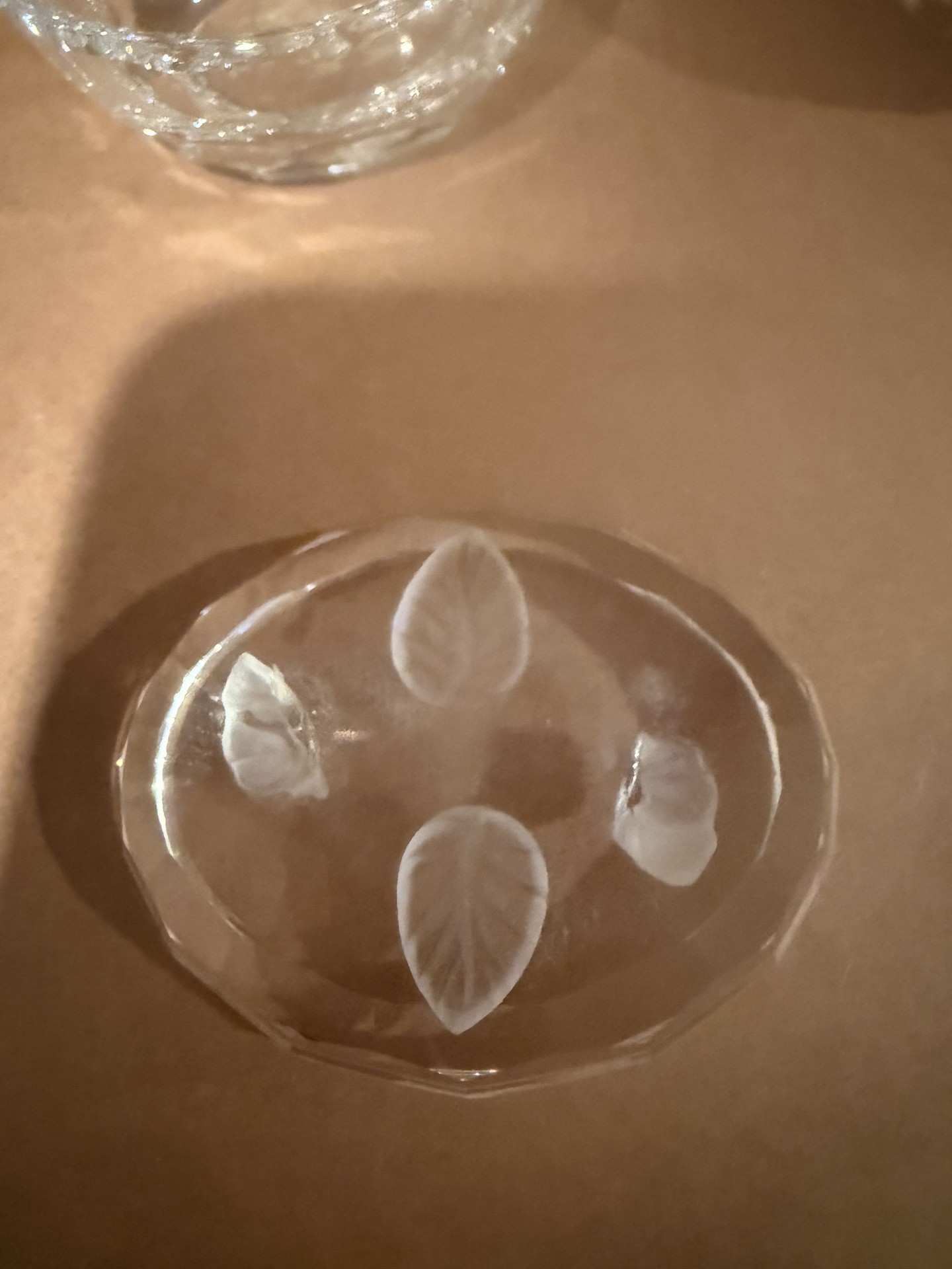 Crystal glass lidded jar with leaf finial and matching etched dish - image 2 of 7