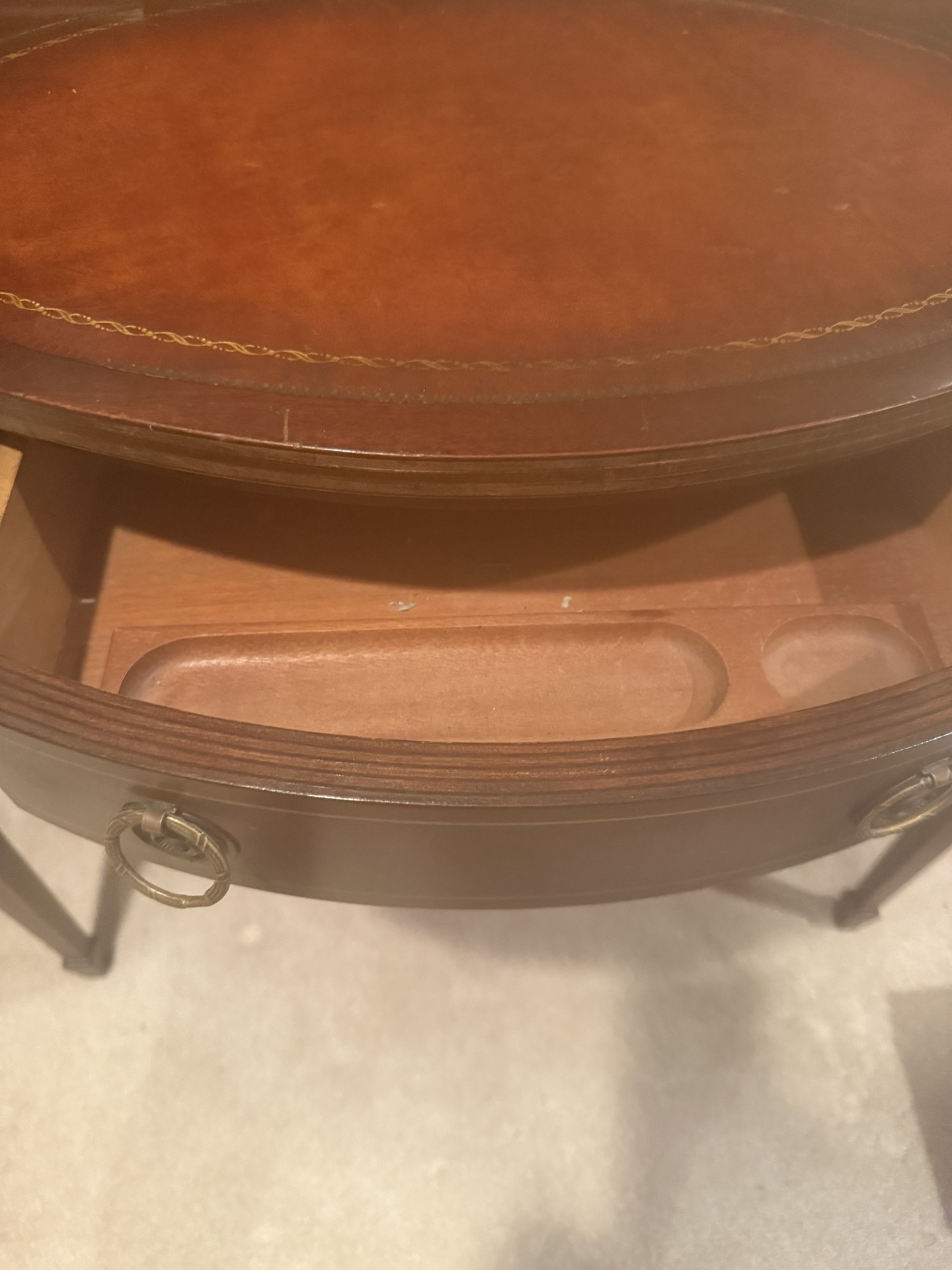 Antique mahogany desk with circular leather-inlaid top and built-in hutch - image 3 of 8