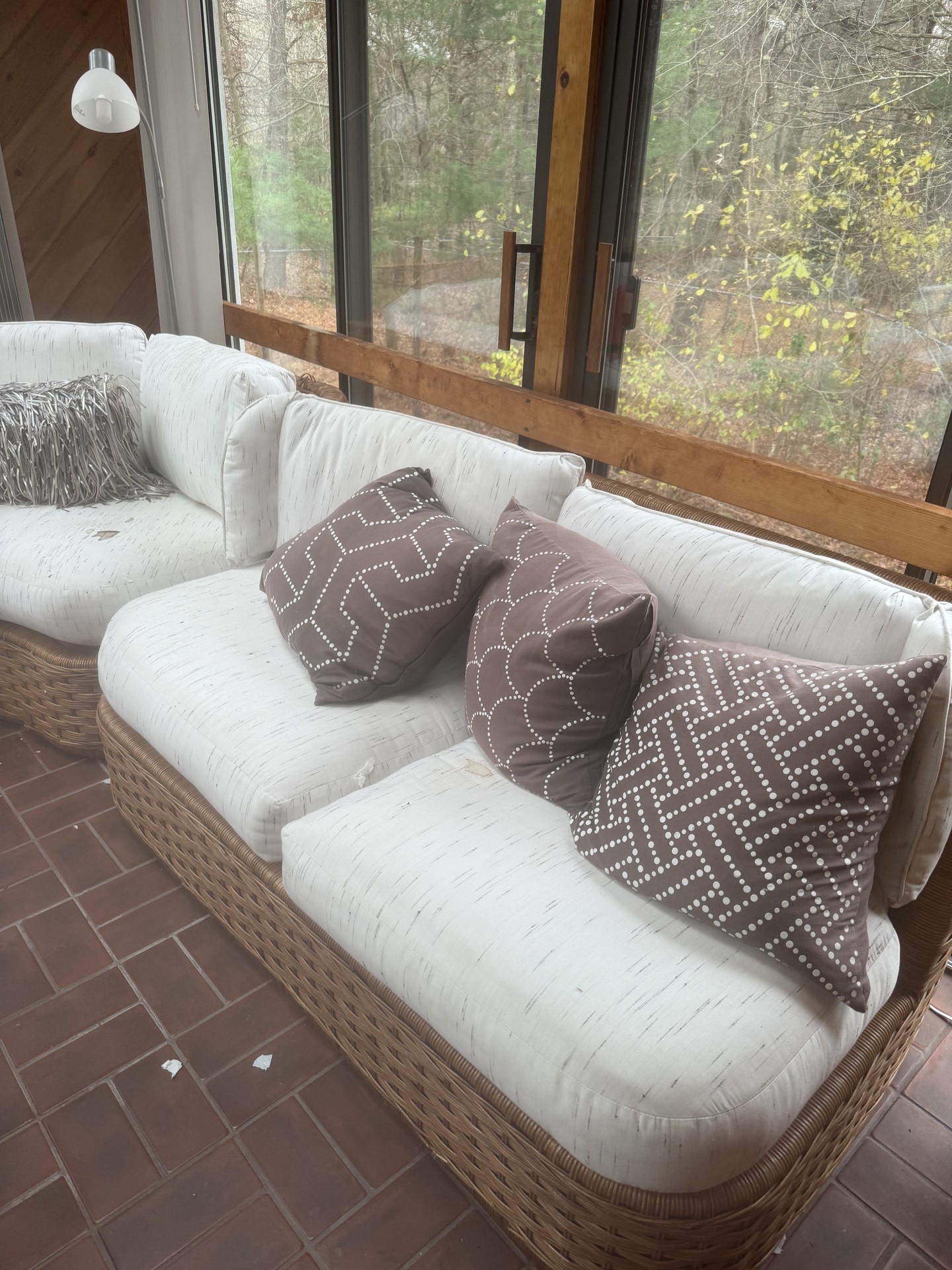 Wicker outdoor sectional with glass coffee table and accessories - image 1 of 9