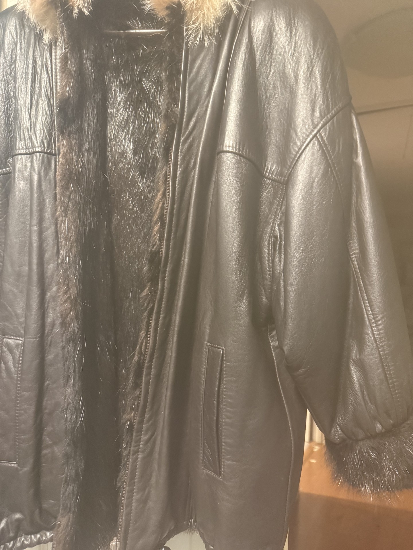 Black leather and fur coat with tan fur trim - image 7 of 10