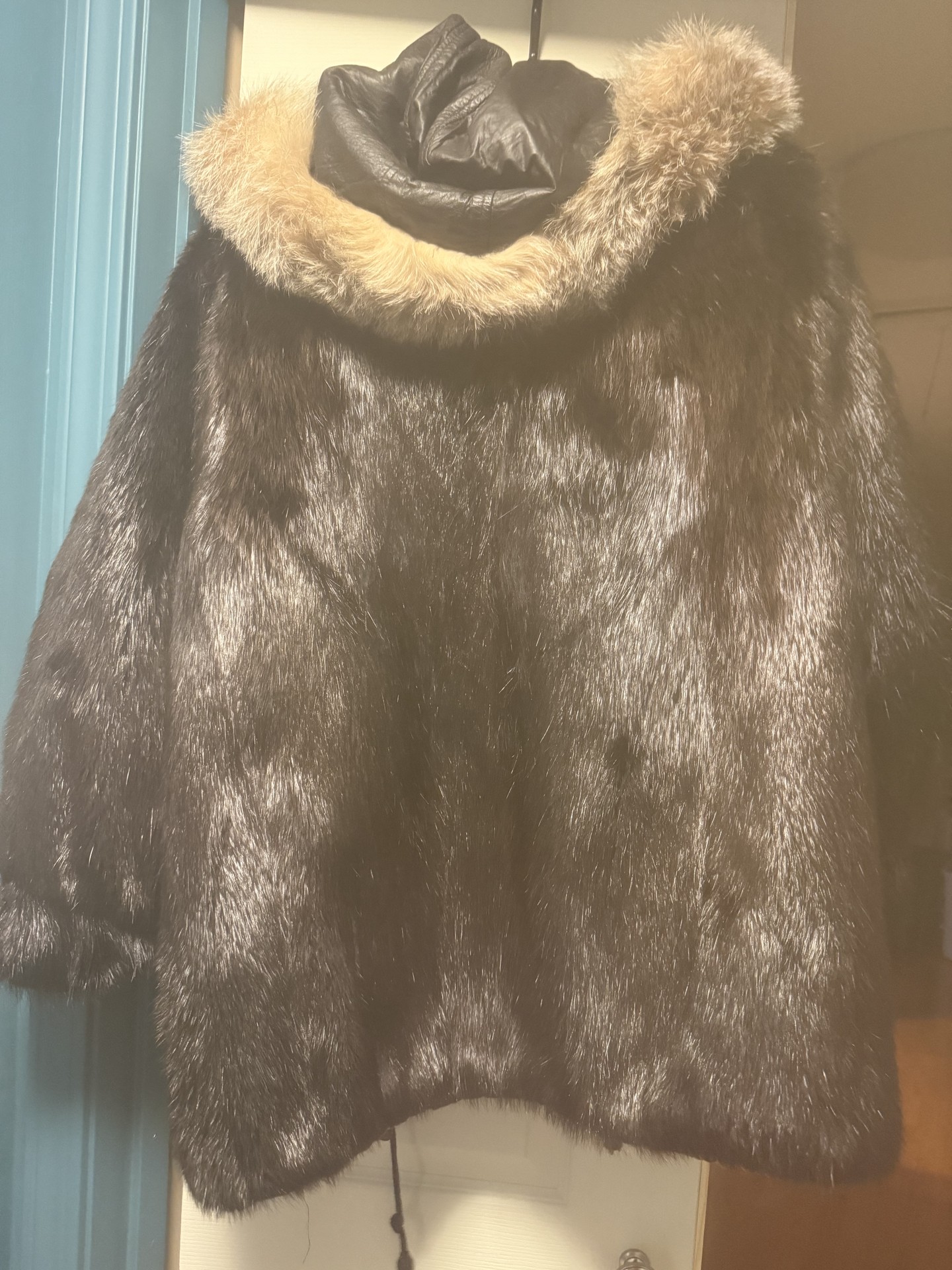 Black leather and fur coat with tan fur trim - image 5 of 10