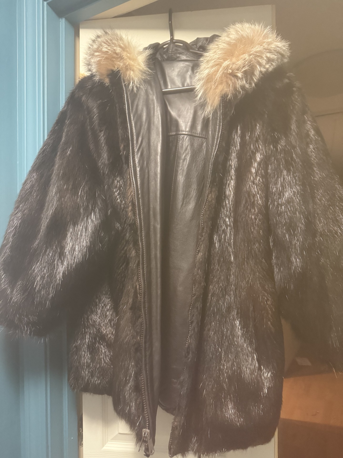 Black leather and fur coat with tan fur trim - image 1 of 10