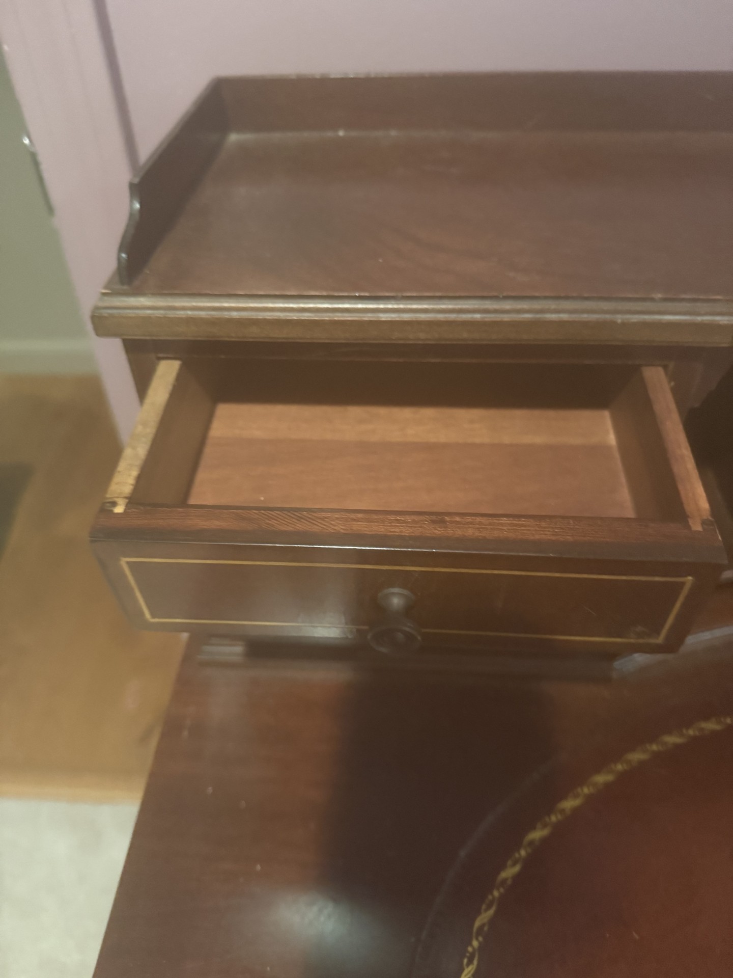 Antique mahogany desk with circular leather-inlaid top and built-in hutch - image 2 of 8