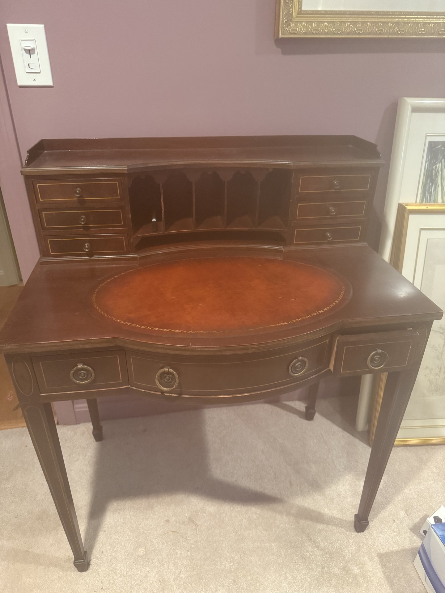Antique mahogany desk with circular leather-inlaid top and built-in hutch - image 1 of 8