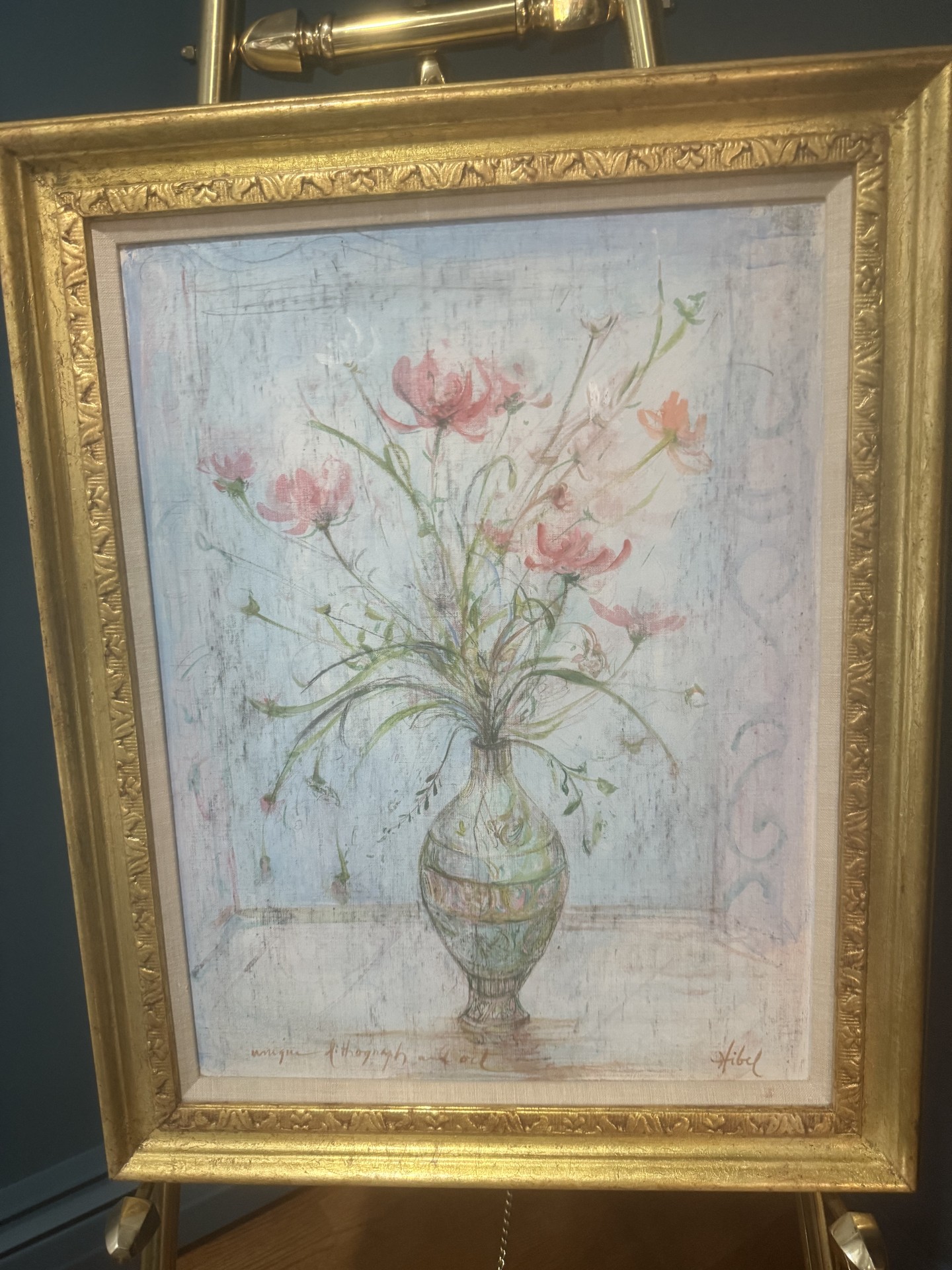 Framed floral still life painting with vase of flowers - image 1 of 9