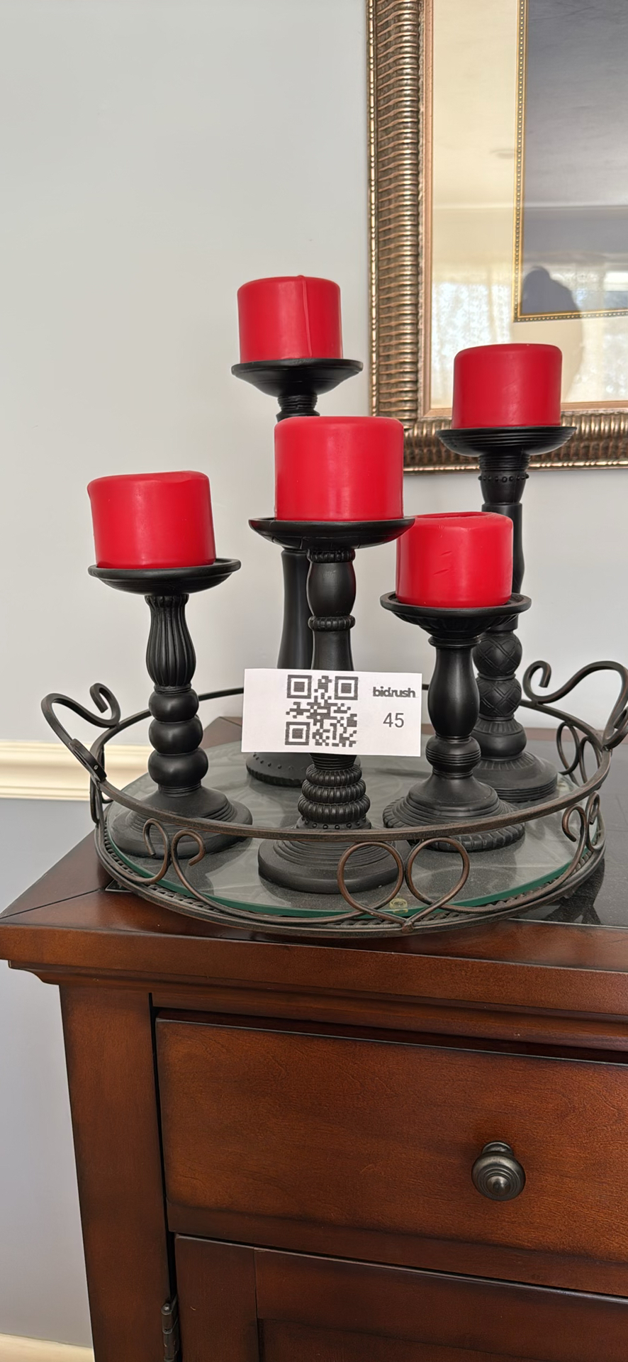Five Candle Holders with Red Pillar Candles on Metal Tray - image 1 of 3