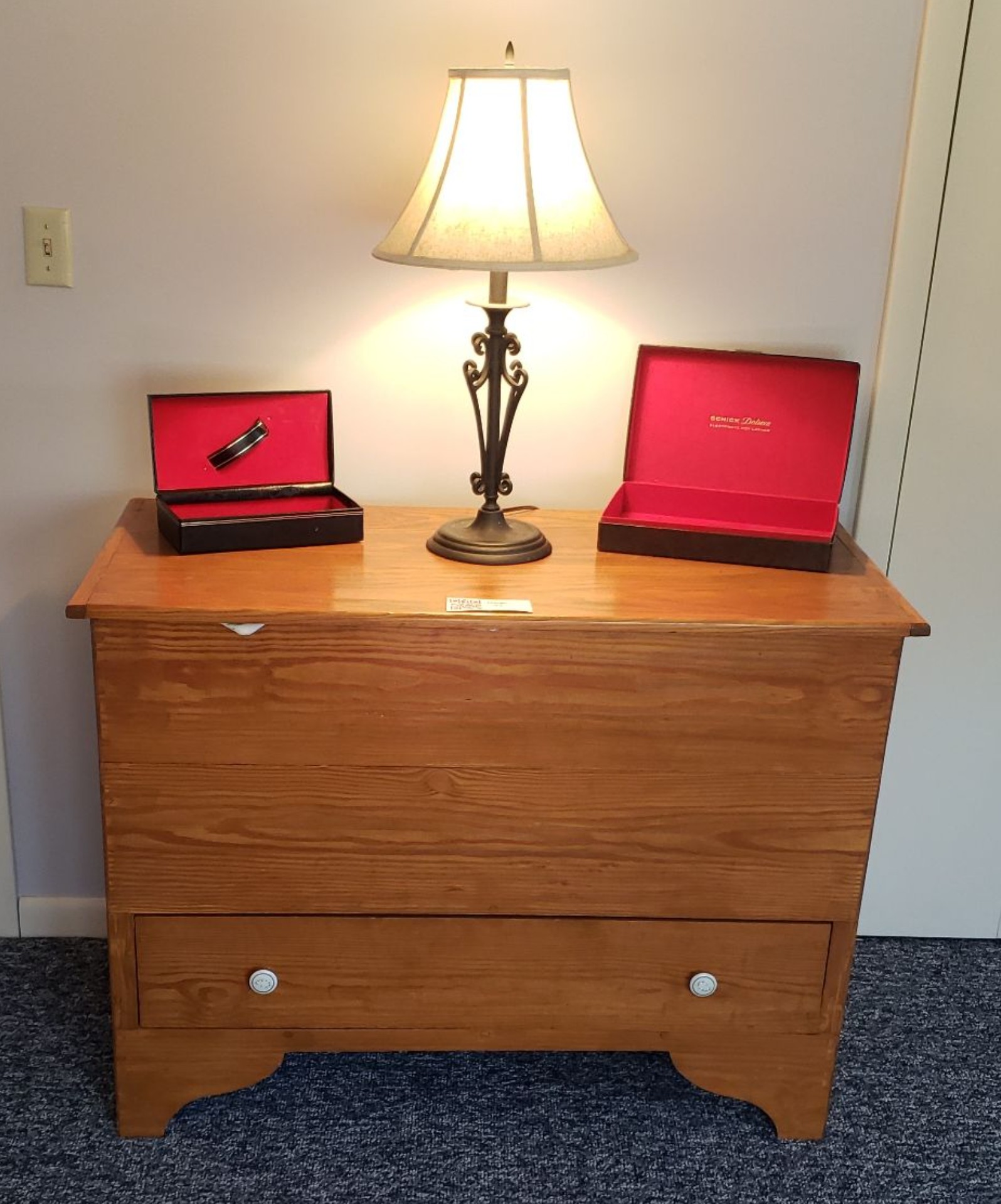 Wooden Storage Chest with Hinged Lid and Drawer, with decorative lamp. - image 1 of 3
