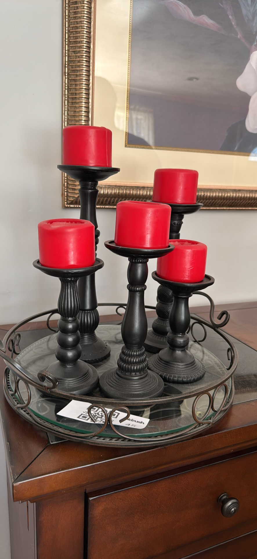 Five Candle Holders with Red Pillar Candles on Metal Tray - image 2 of 3