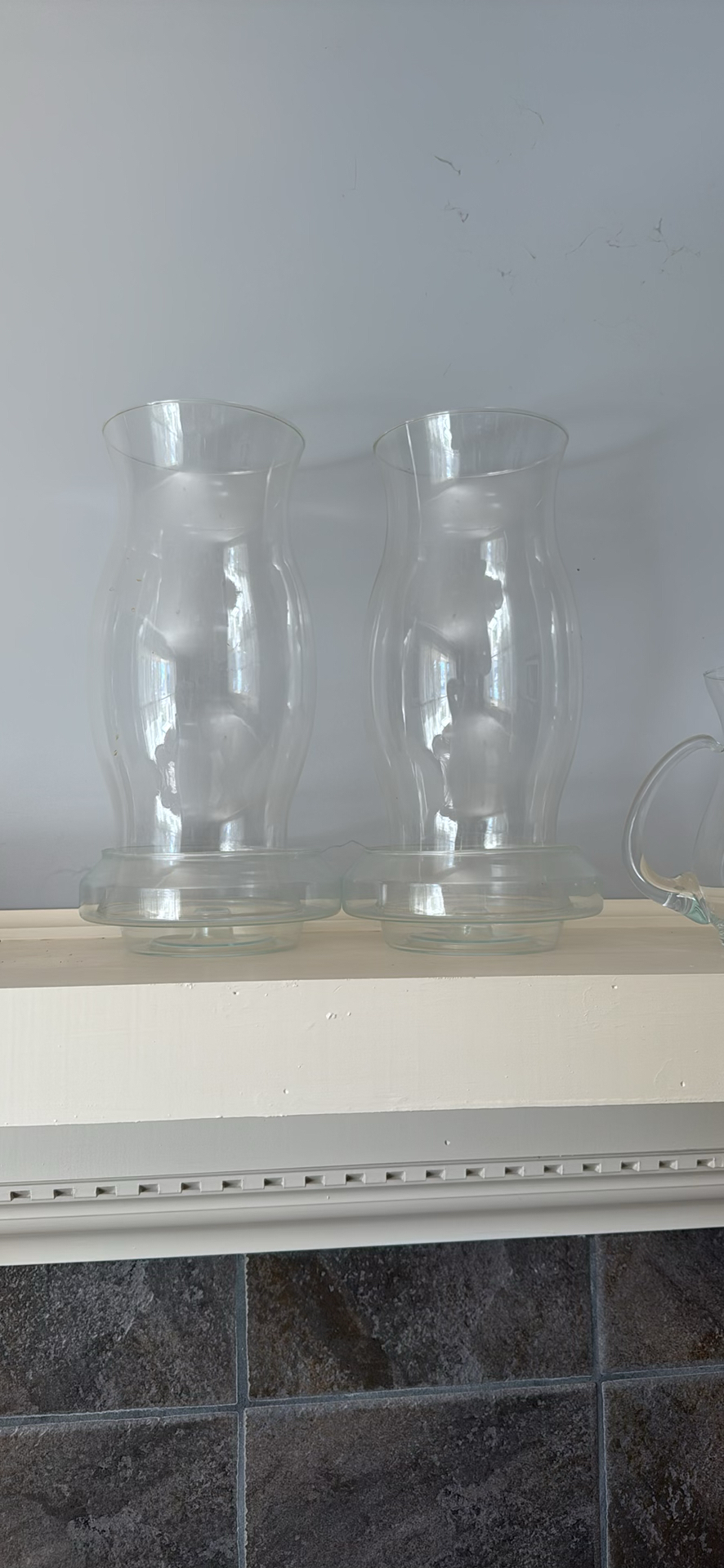 Assorted Clear Glass Hurricane Candle Holders, Pitcher, and Stemware - image 2 of 3