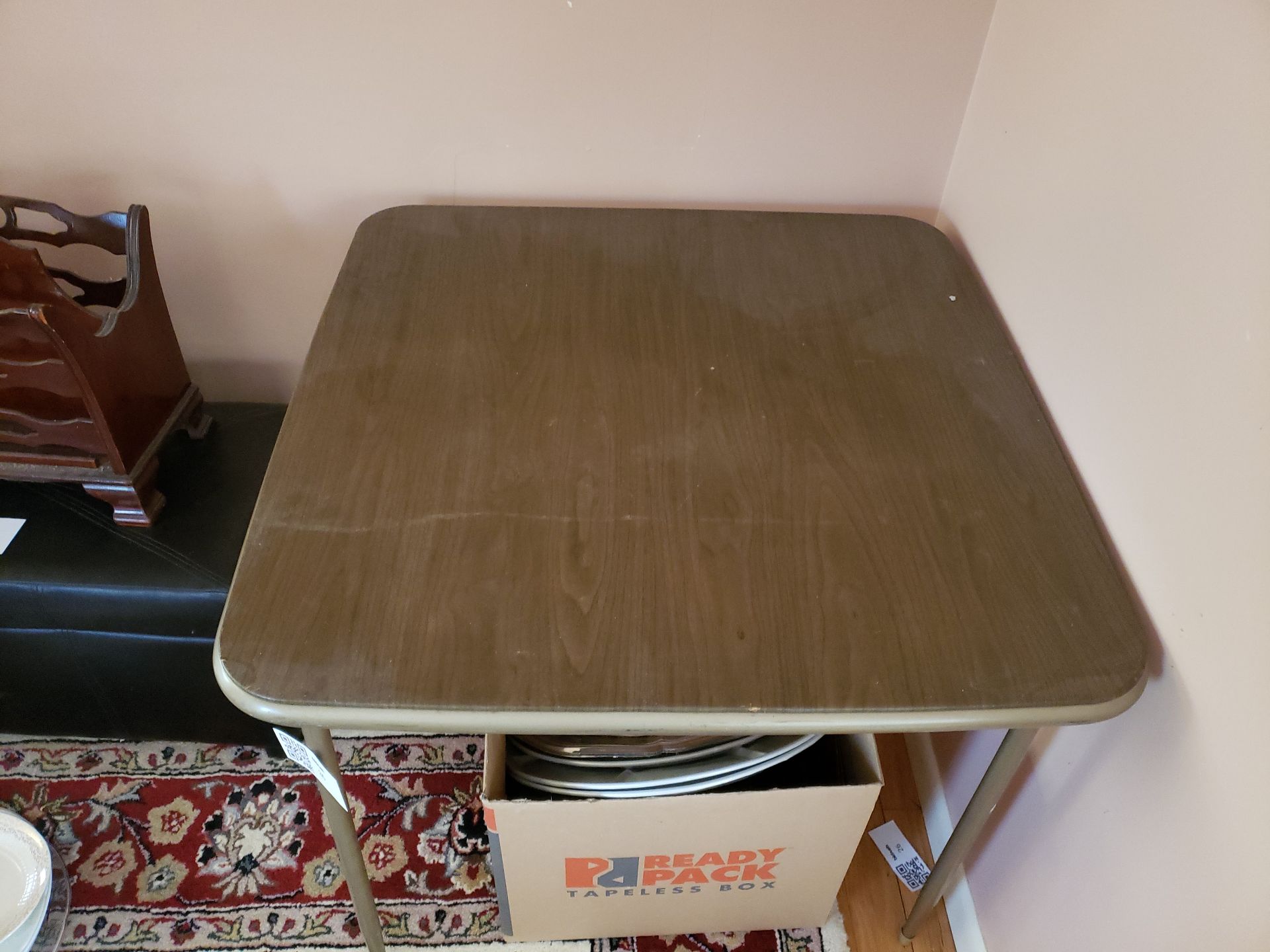 Metal-framed square table with wood-grain top - image 1 of 3