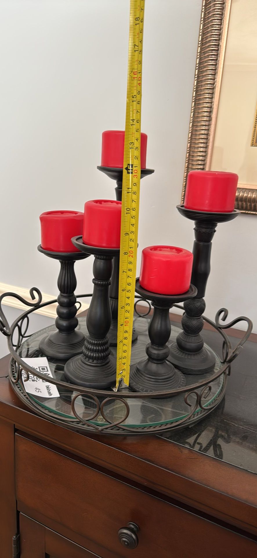 Five Candle Holders with Red Pillar Candles on Metal Tray - image 3 of 3