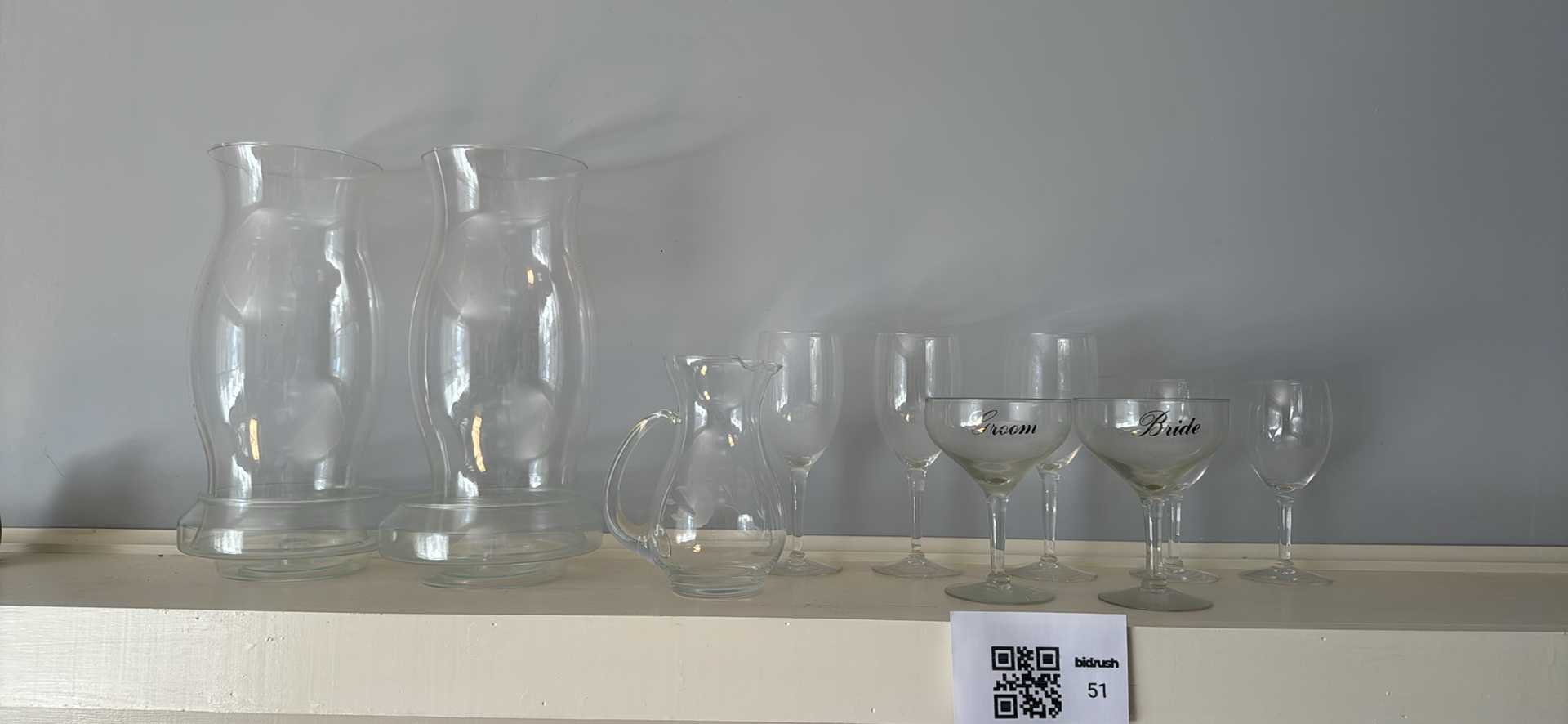 Assorted Clear Glass Hurricane Candle Holders, Pitcher, and Stemware - image 3 of 3