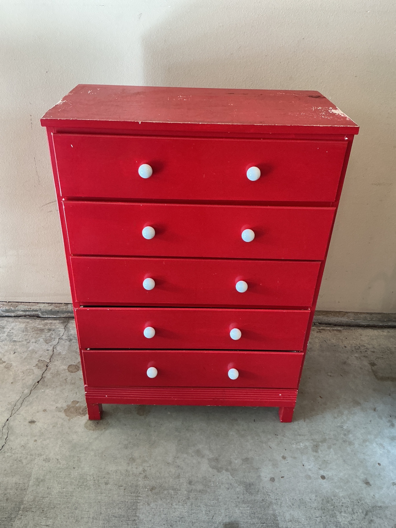 Red painted five-drawer dresser - image 1 of 4