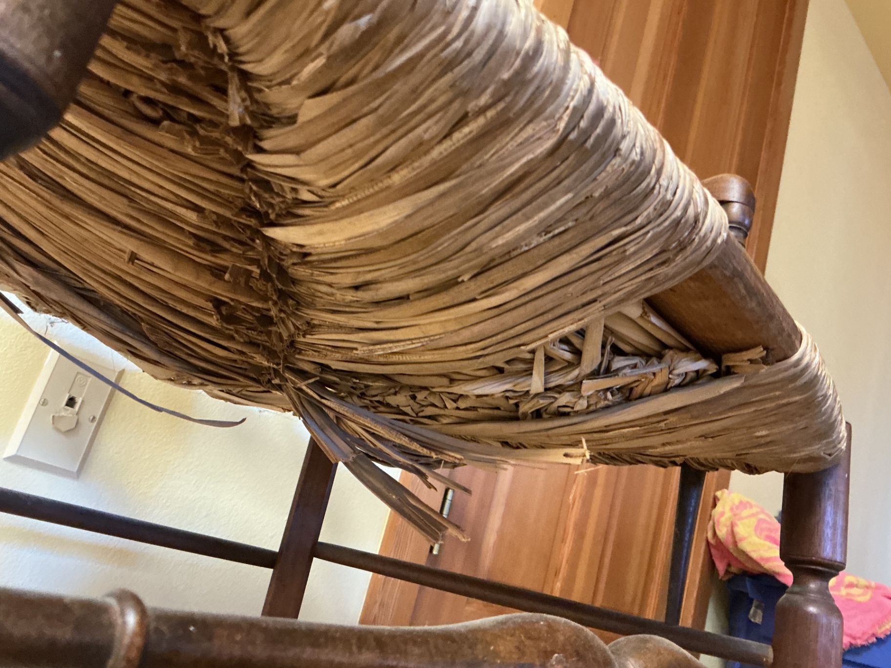 Antique 19th Century Wooden spindle-back chair with woven seat< AS IS - image 3 of 3