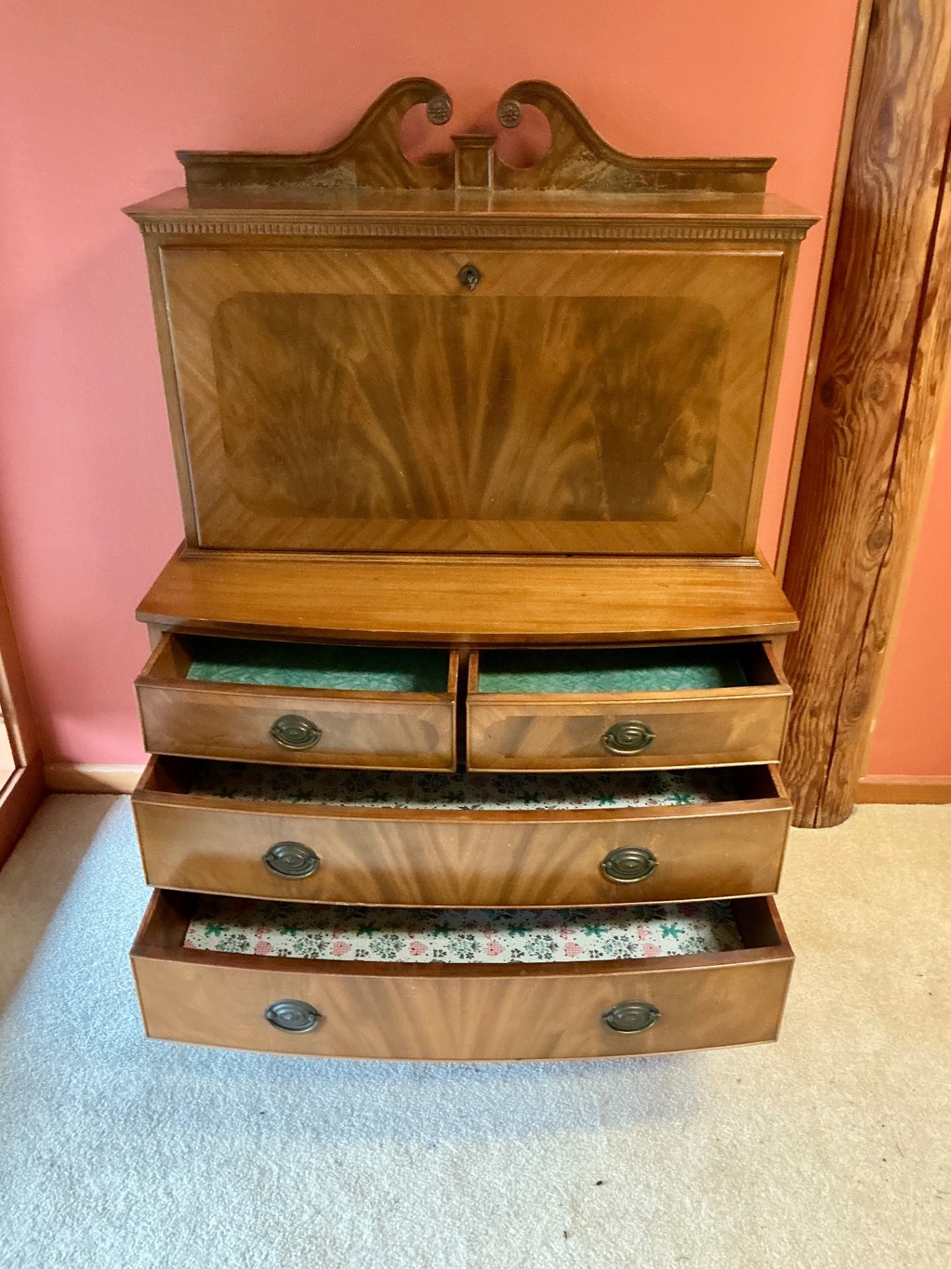 Antique wooden secretary desk with upper cabinet and interior pigeonholes - image 5 of 5