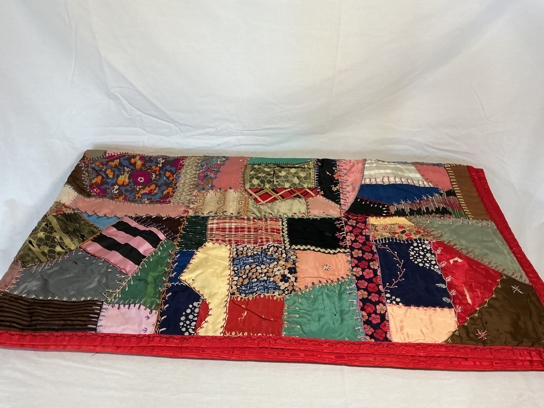 Antique silk patchwork quilt with embroidery. - image 12 of 14