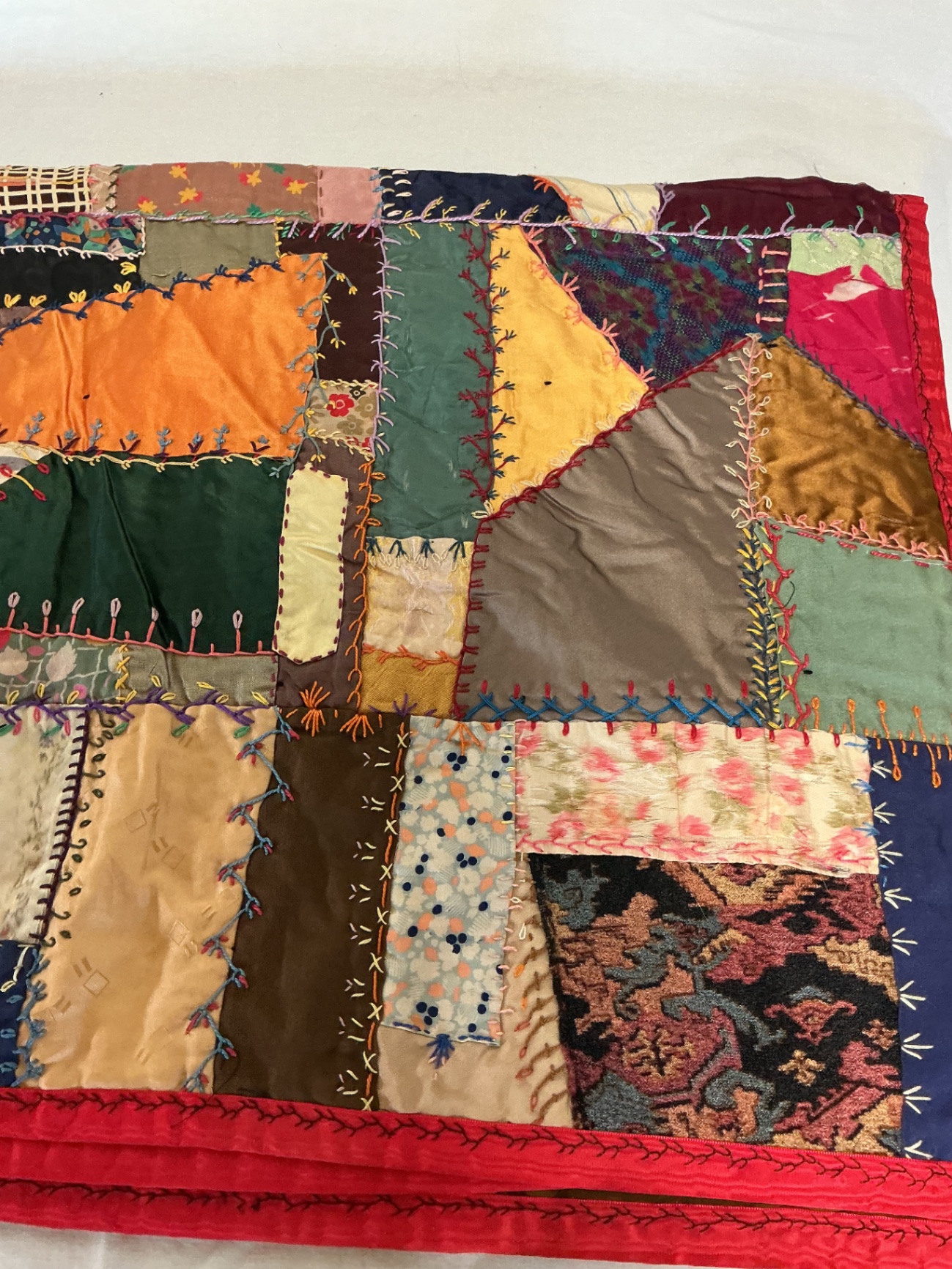 Antique silk patchwork quilt with embroidery. - image 11 of 14