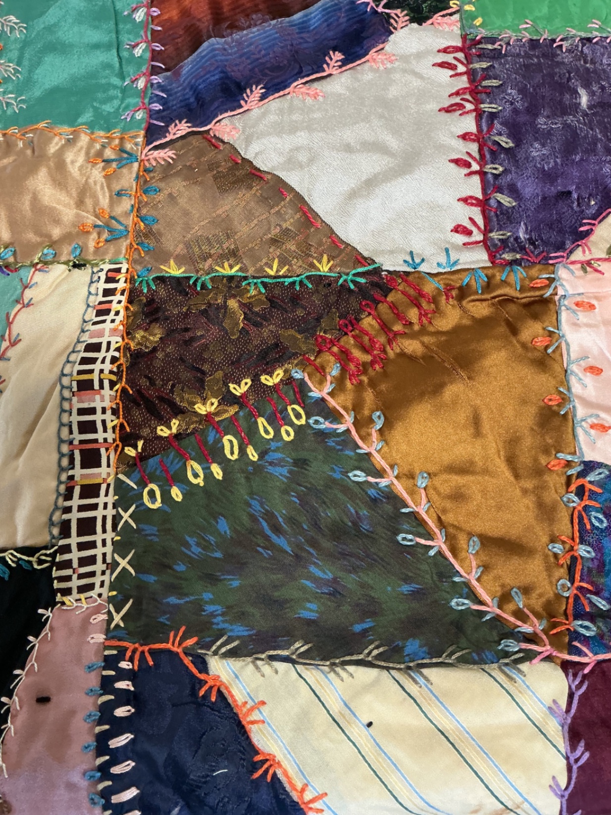 Antique silk patchwork quilt with embroidery. - image 9 of 14