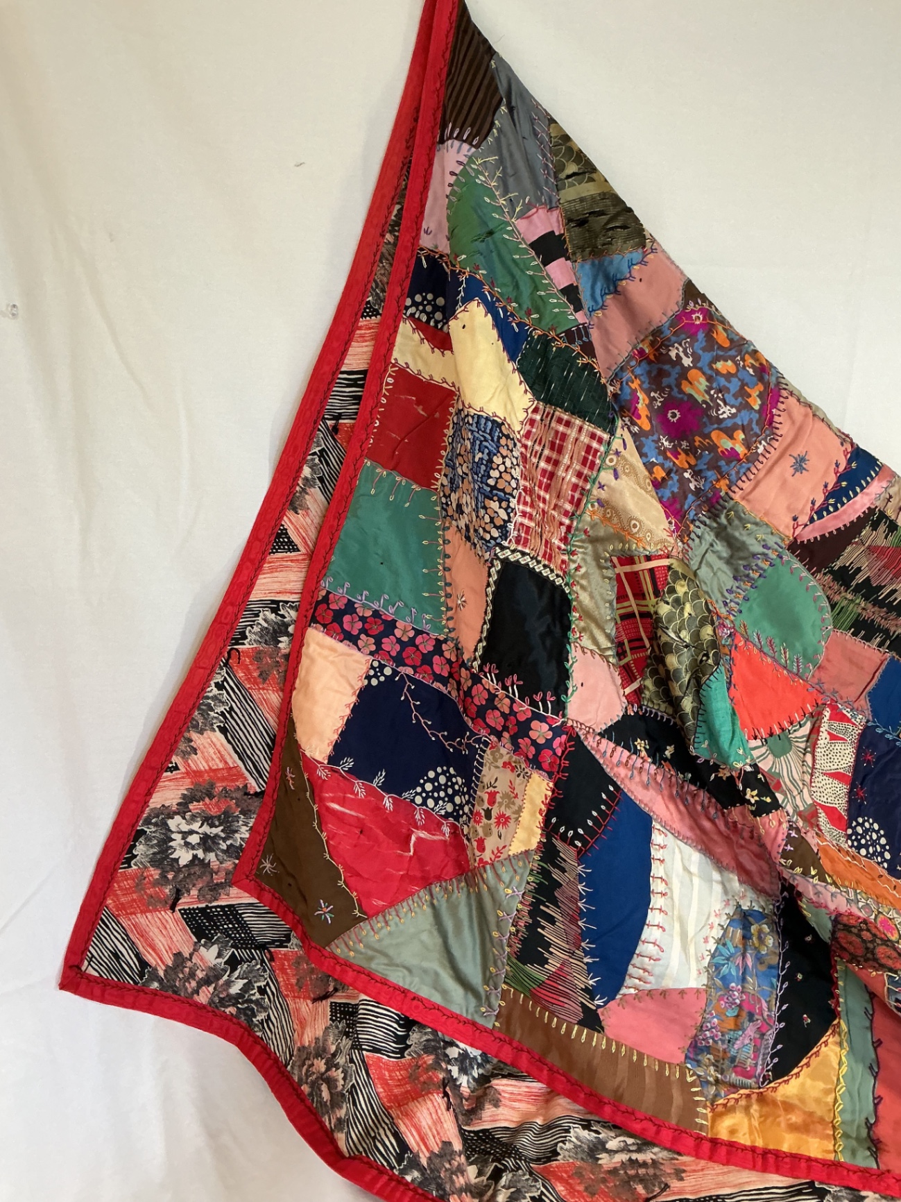 Antique silk patchwork quilt with embroidery. - image 2 of 14